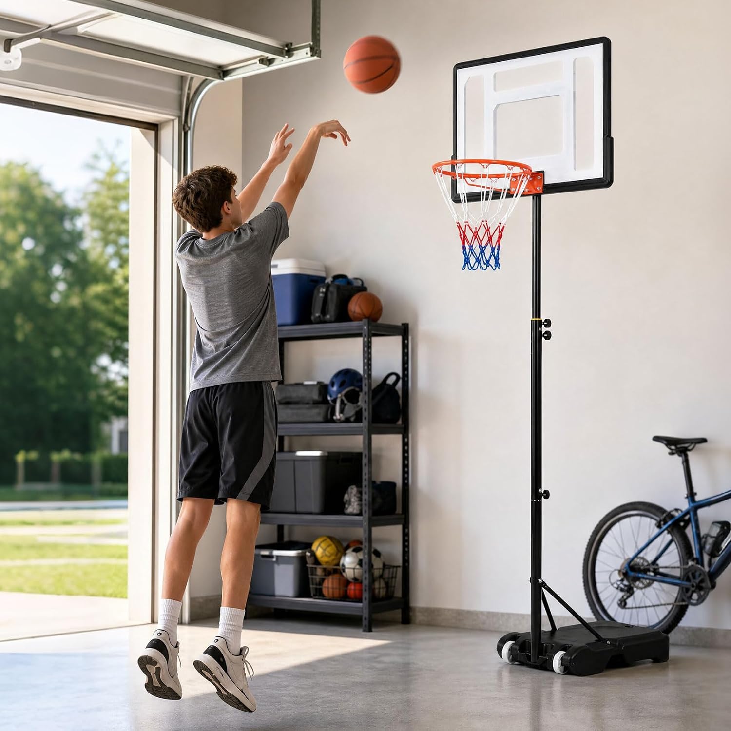 Canestro da basket portatile da 3 m e supporto con ruote, sistema professionale di porta da basket con retro infrangibile, supporto per interni ed esterni, per bambini e adulti