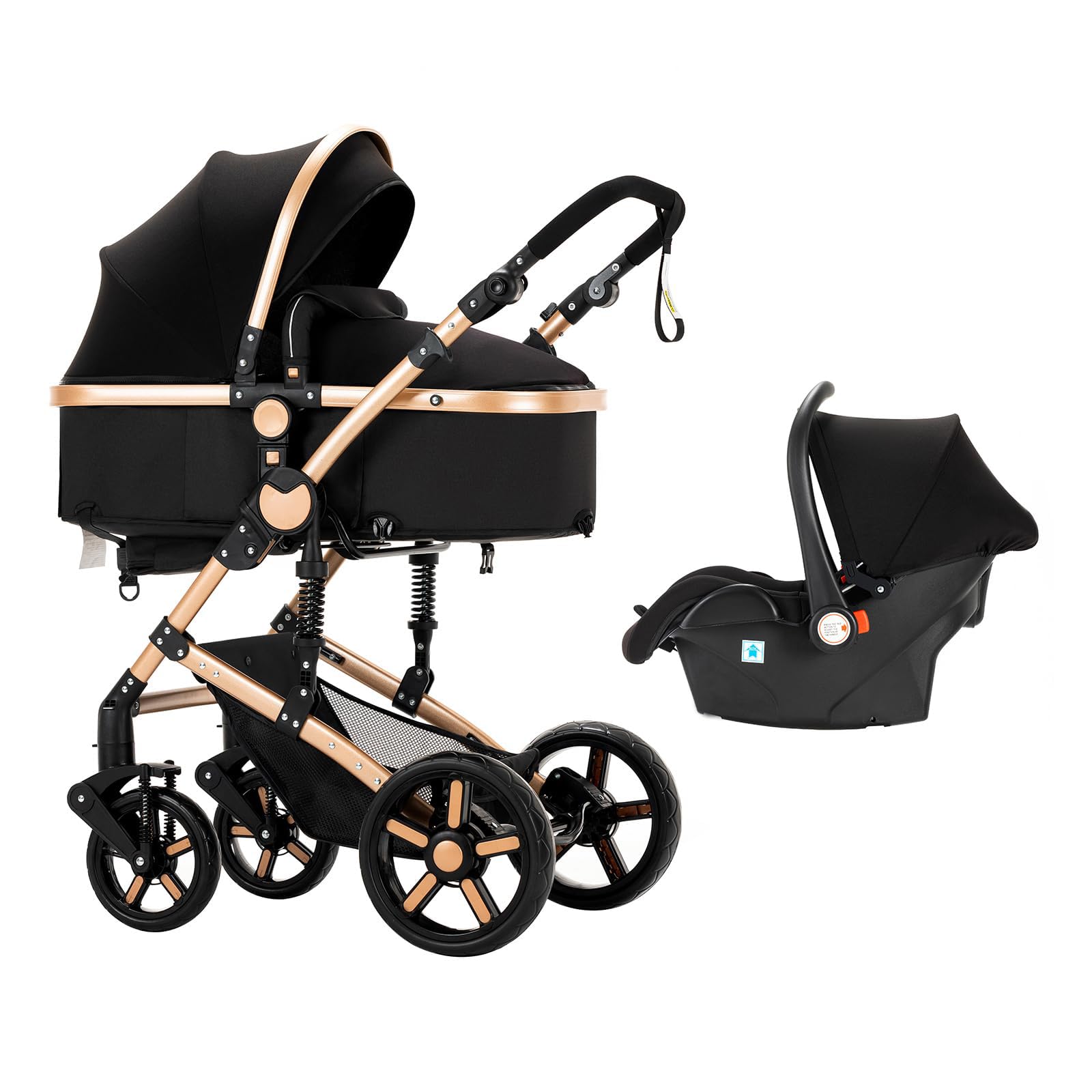 Poussette 3 en 1, Poussette Bebe avec Réversible Deux Façons de Pousser, Pousette Cadre Aluminium Haute Paysage, Pousette 3 en 1 avec Conception Pliable Un Clic (588 Black Gold)