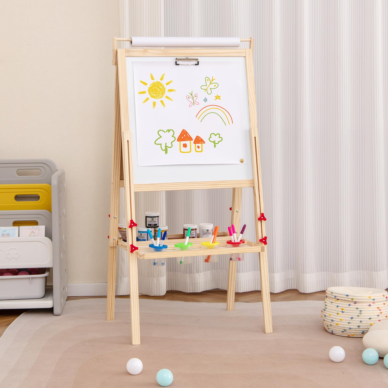 COSTWAY 3 in 1 Cavalletto per Bambini, Cavalletto Doppia Faccia Regolabile con Lavagna Magnetica e Bianca, Rotolo di Carta, 4 Bicchieri per Vernice e Vassoio per Stoccaggio, per Bambini 3-10 Anni