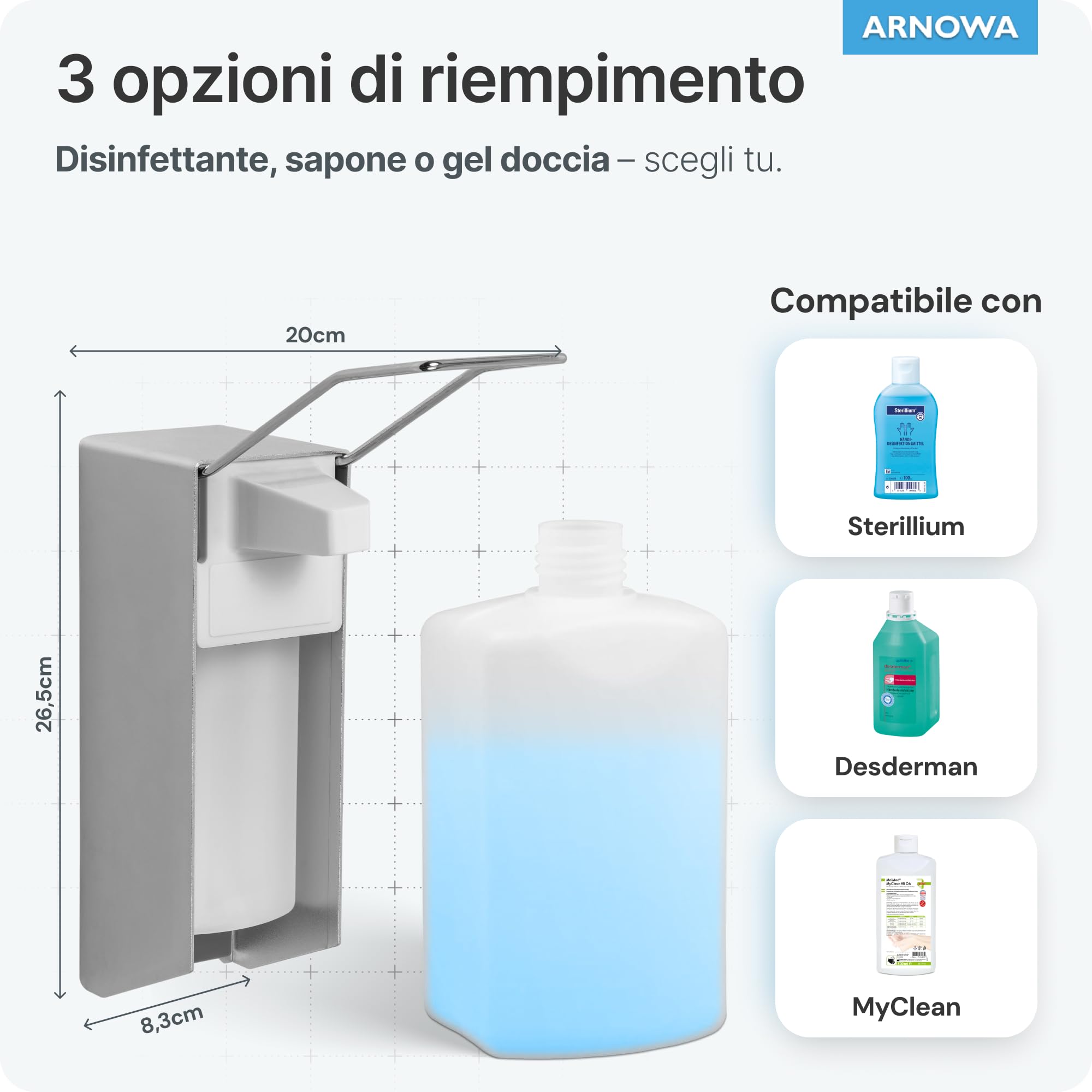 ARNOMED 4 Dispenser di sapone in alluminio, dispenser a muro gel disinfettante mani da 500ml, Euro dispenser con leva lunga, dispenser gel disinfettante mani parete, dispenser bagnoschiuma doccia