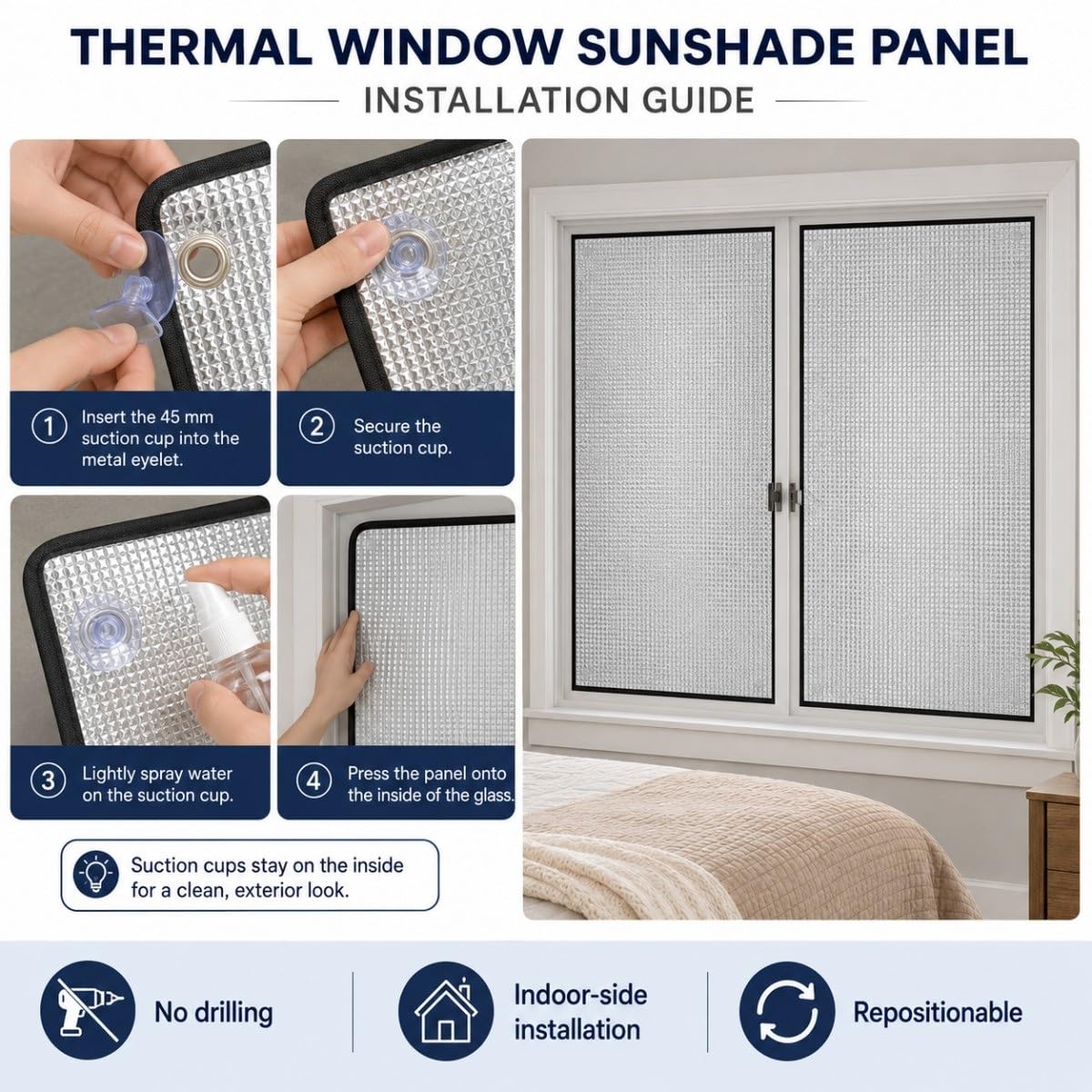 Protector Solar Ventana Casa, Película Aislante Térmica Reflectante con Ventosas, Panel Aislante para Ventanas, Control de Temperatura, Cristal y Terraza(Borde Negro,160W x 180H cm)