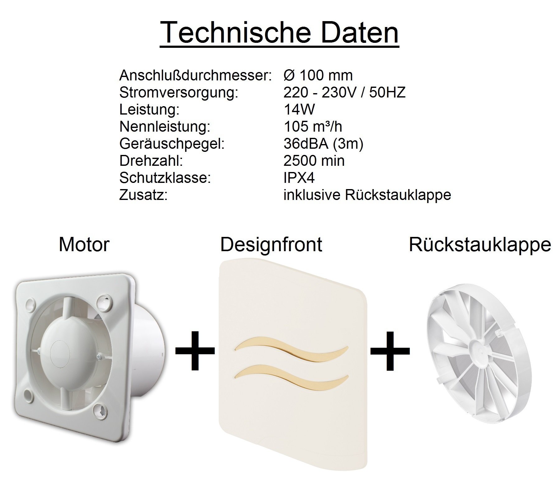 Designerski wentylator łazienkowy, Ø 100 mm, wysoki połysk, kremowo-biały, z timerem/wybiegiem i klapą zwrotną, WSE100T, wentylator przedni, wentylator ścienny, wentylator łazienkowy, wentylator do zabudowy, do łazienki, kuchni, cichy, 10 cm