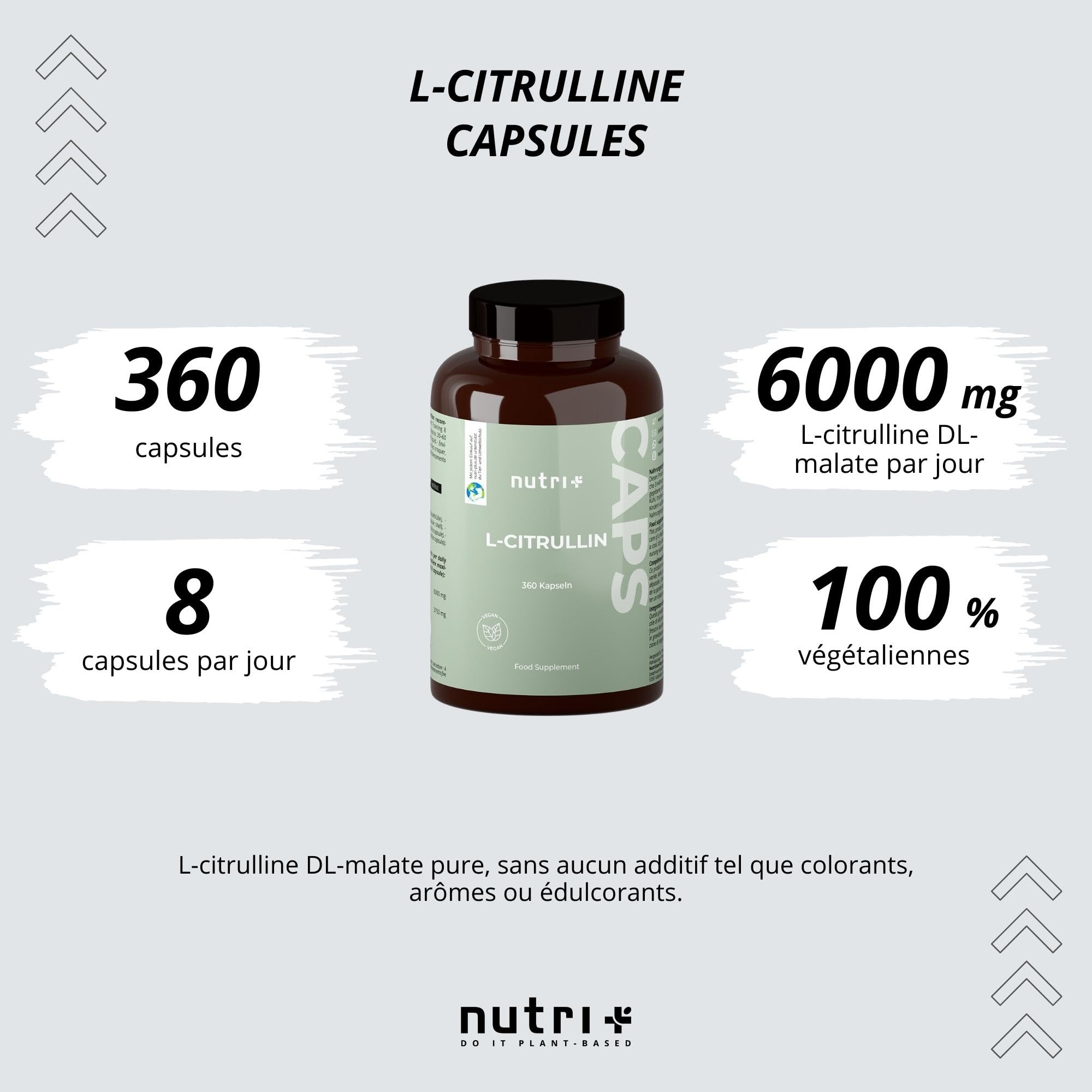 Nutri + Citrulline gelule 6000-360 Capsules vegan + hautement dosé - L-Citrulline malate gelules DL 2.1 végétalien - Qualité Premium sans additifs