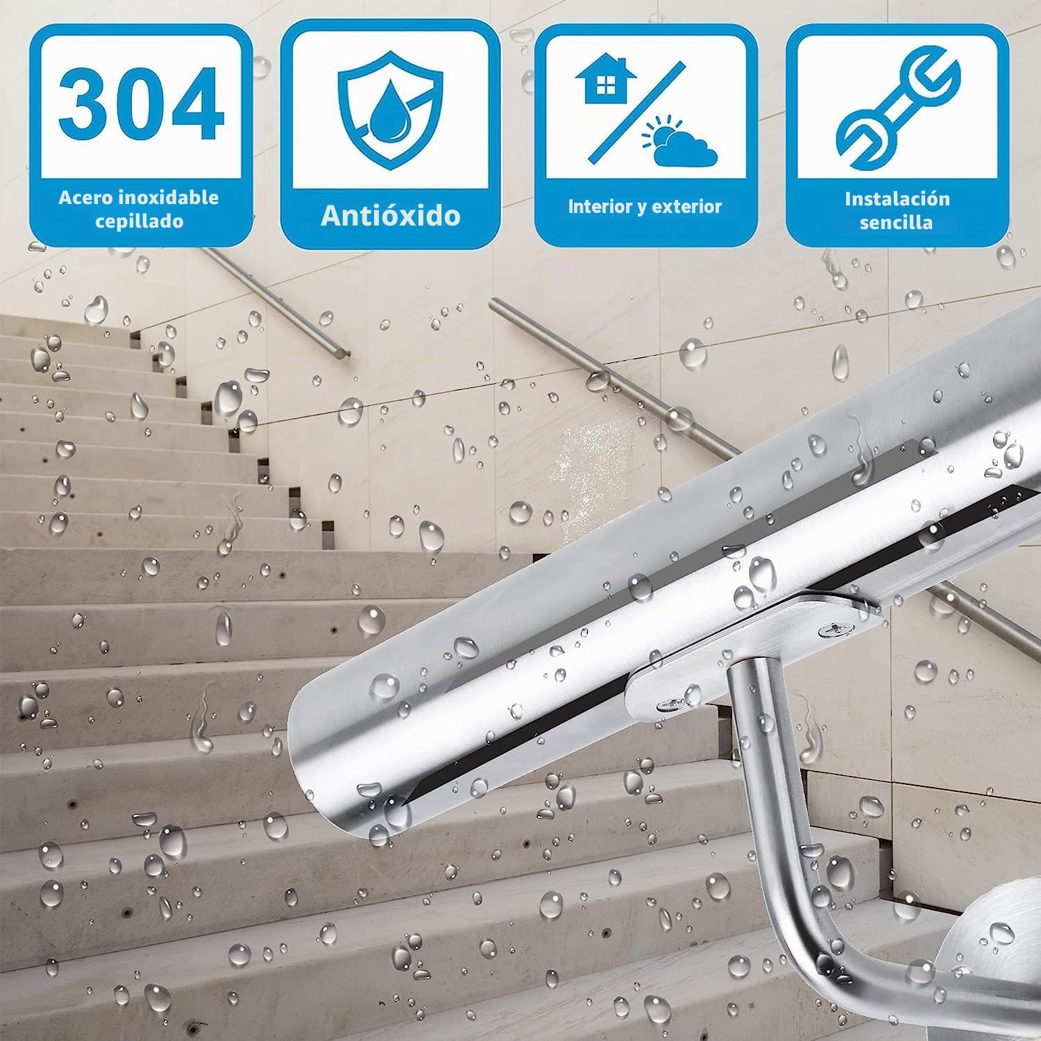 Barandilla de Acero Inoxidable para Escaleras de Pared - Interior y Exterior, Parapeto, Balcón - Con Soporte y Tapas Finales - Longitud: 400 cm