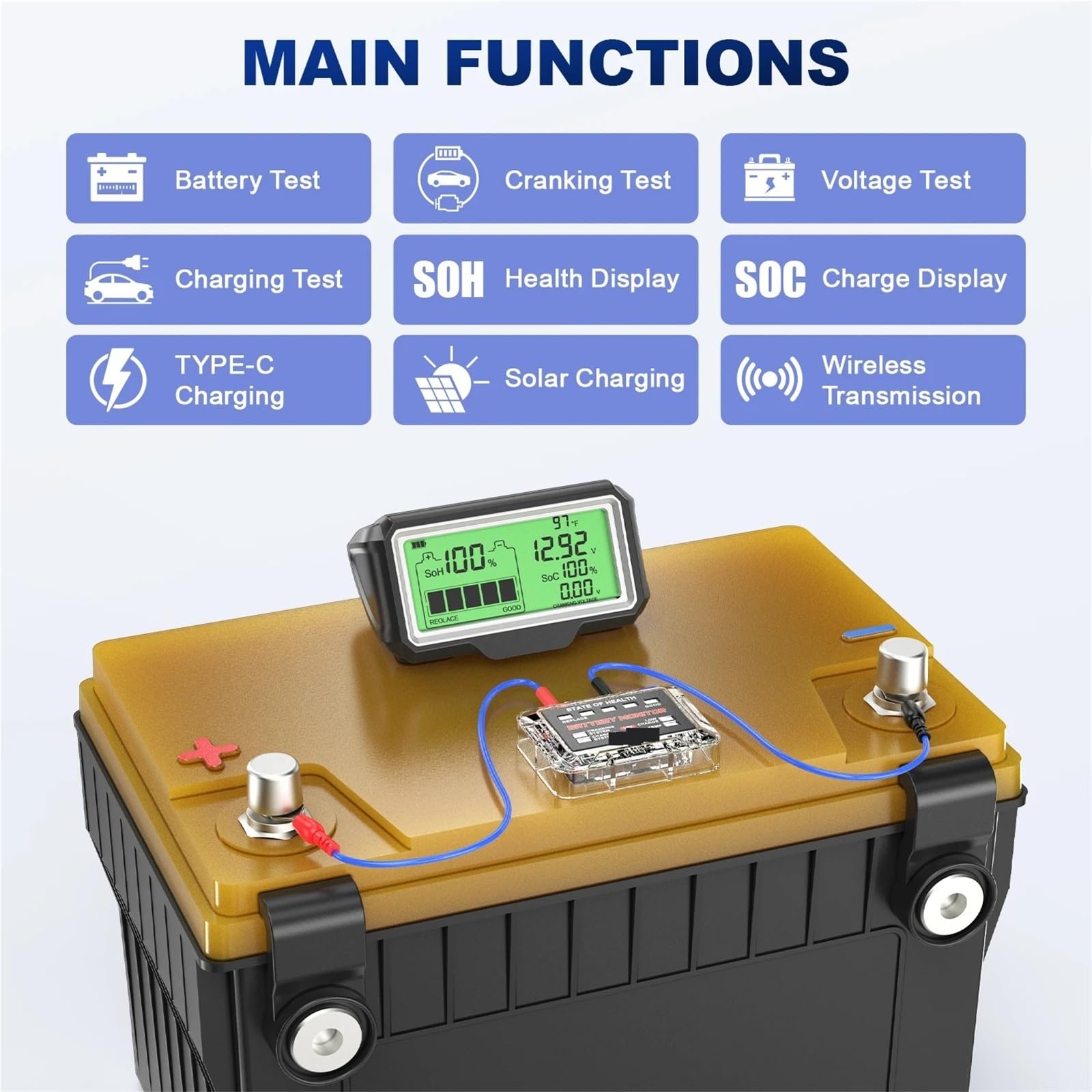 Batterietester, 12V Auto Batterie Kapazität Tester Monitor LED Display Wasserdicht SOH SOC Batterie Gesundheit Analyzer Auto Tester Werkzeuge