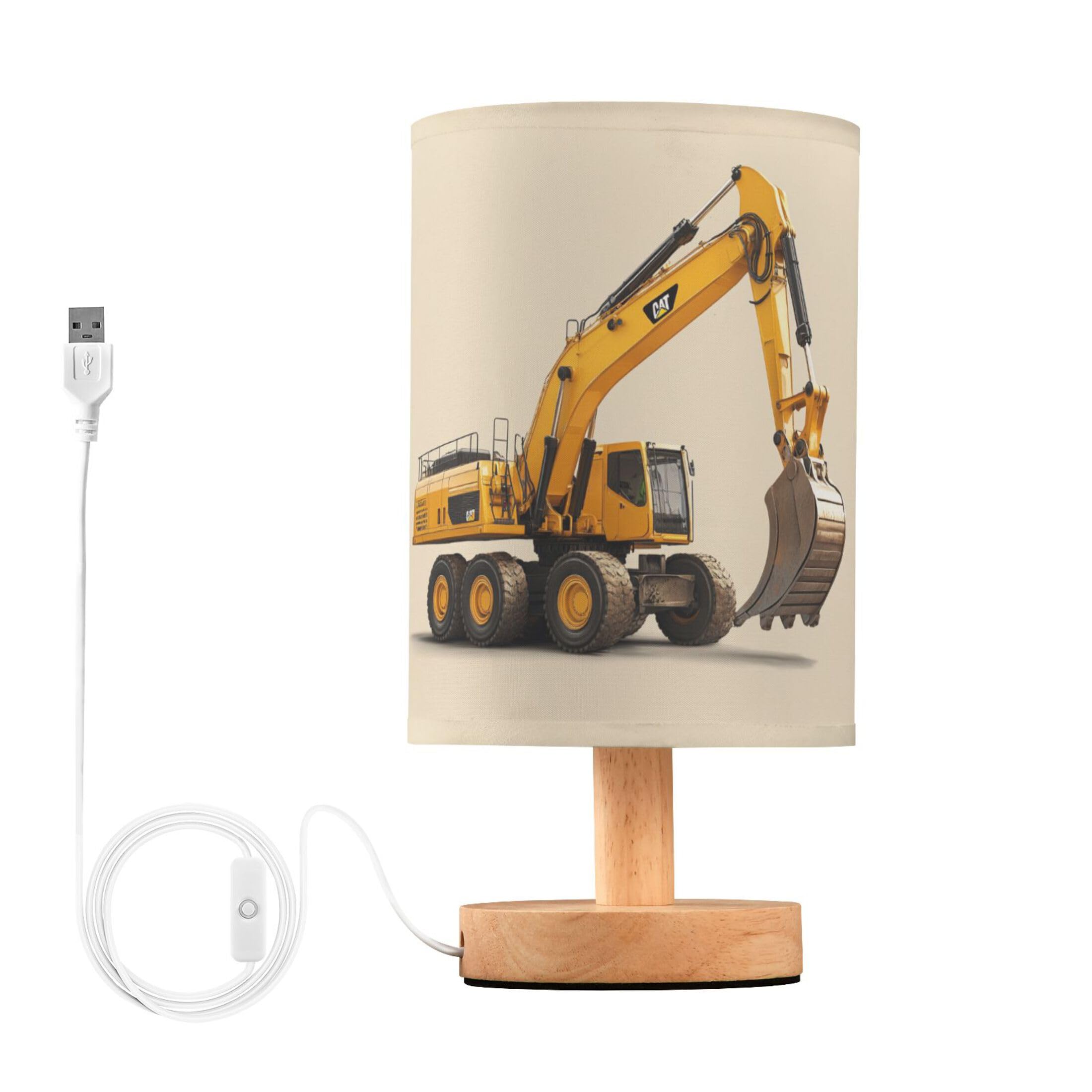 YYZZH Table Lamp Construction Car Excavator Nightstand Lamp with Wood Base Fabric Lamp Shade Bedside Desk Lamp for Living Room Bedroom Kids Room