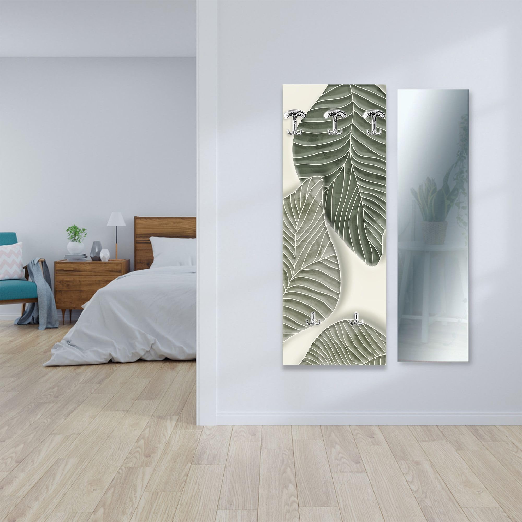 Lupia - Appendiabiti da Parete moderno con pannello in legno Stampato, FOGLIAME 46x125 cm, Design Naturalistico, 5 Ganci in metallo, Stampa HD, ingresso soggiorno camera da letto