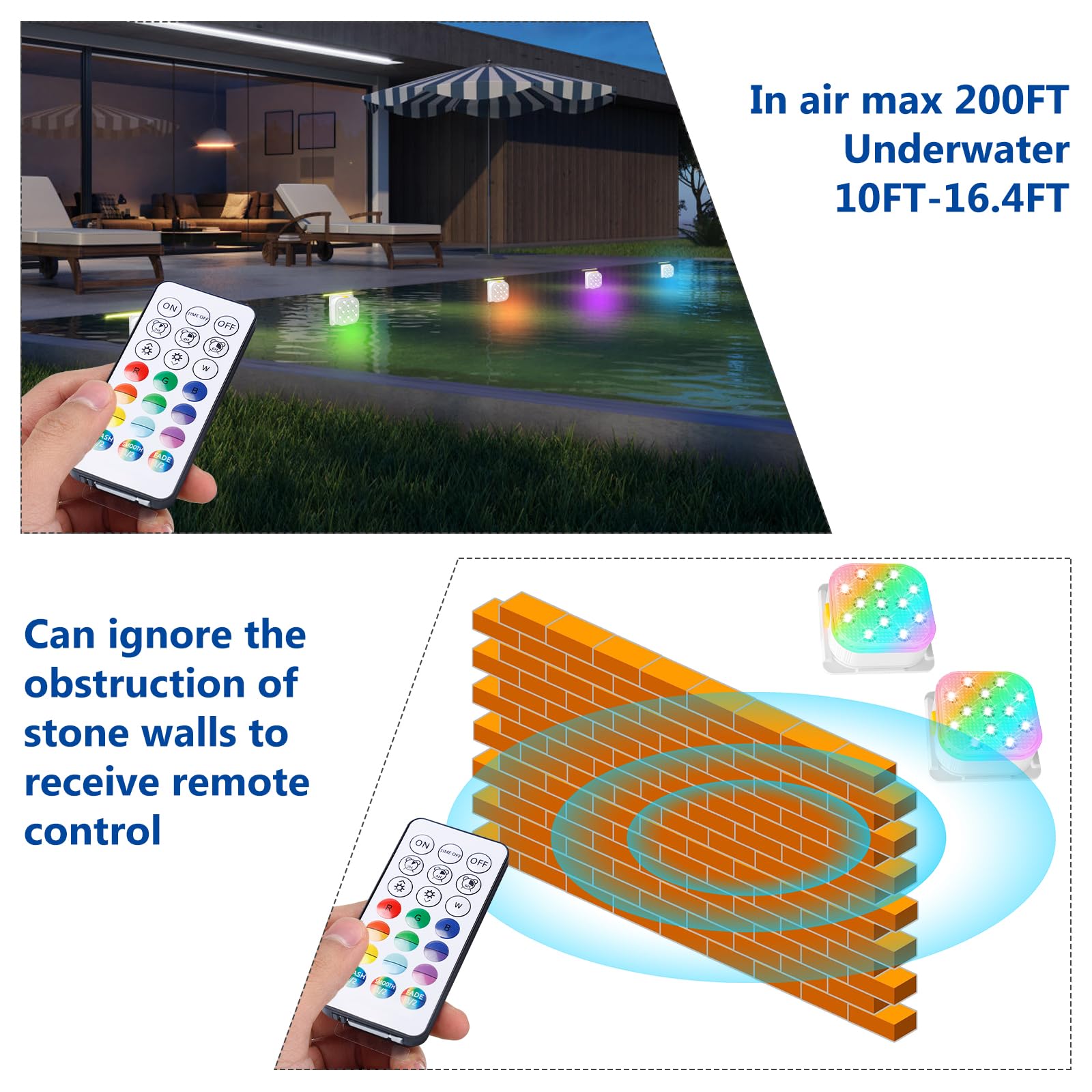 PORFOYO 2 pezzi luce subacquea con telecomando, luce subacquea ricaricabile, luce subacquea, illuminazione magnetica per piscina, 16 colori, luce LED per piscina