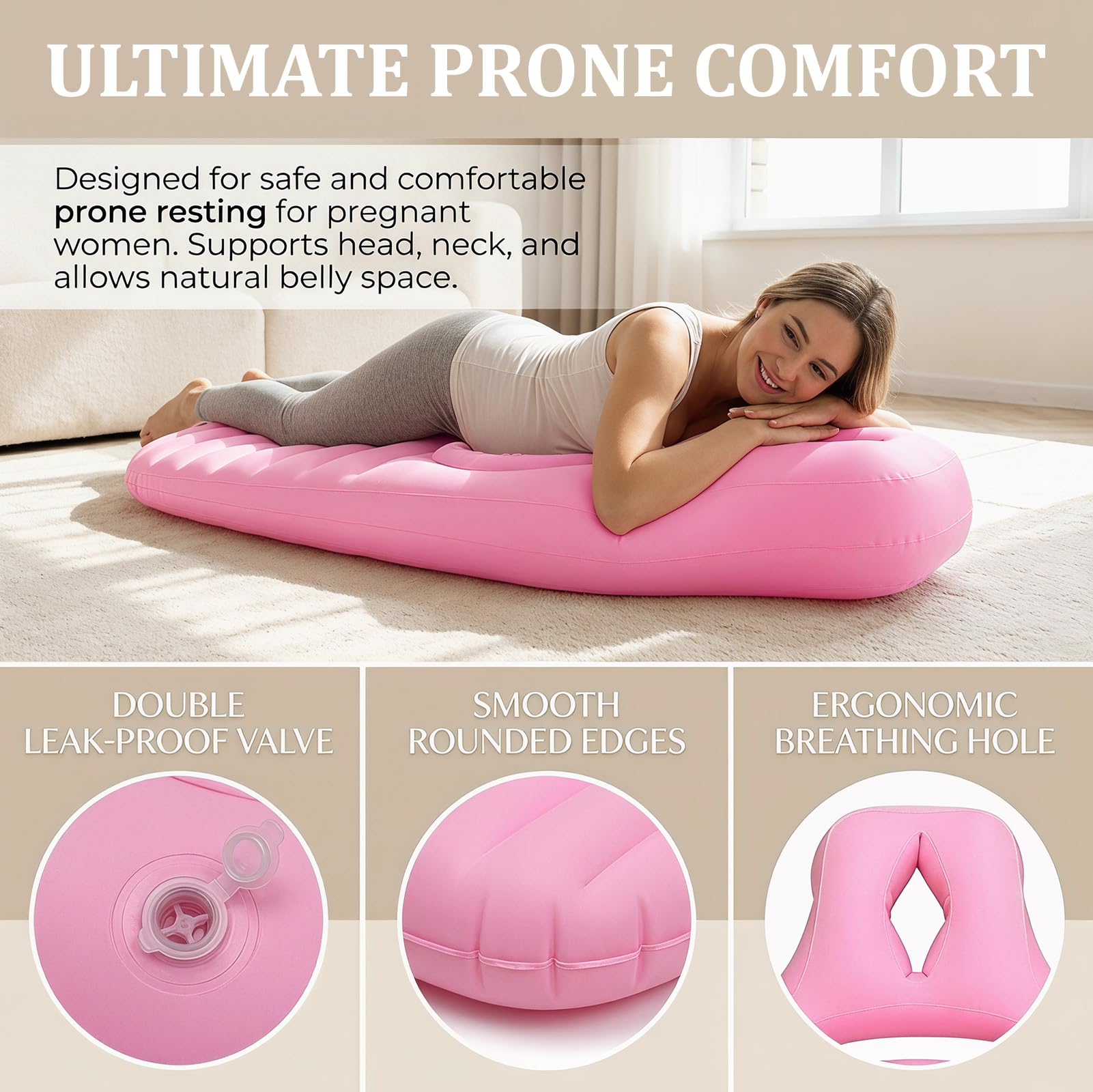 Almohada hinchable de embarazo, colchón de aire para embarazadas, almohada abdominal para embarazadas, almohada de embarazo, cojín de PVC flocado, para aliviar la espalda y el abdomen, con bomba (rosa