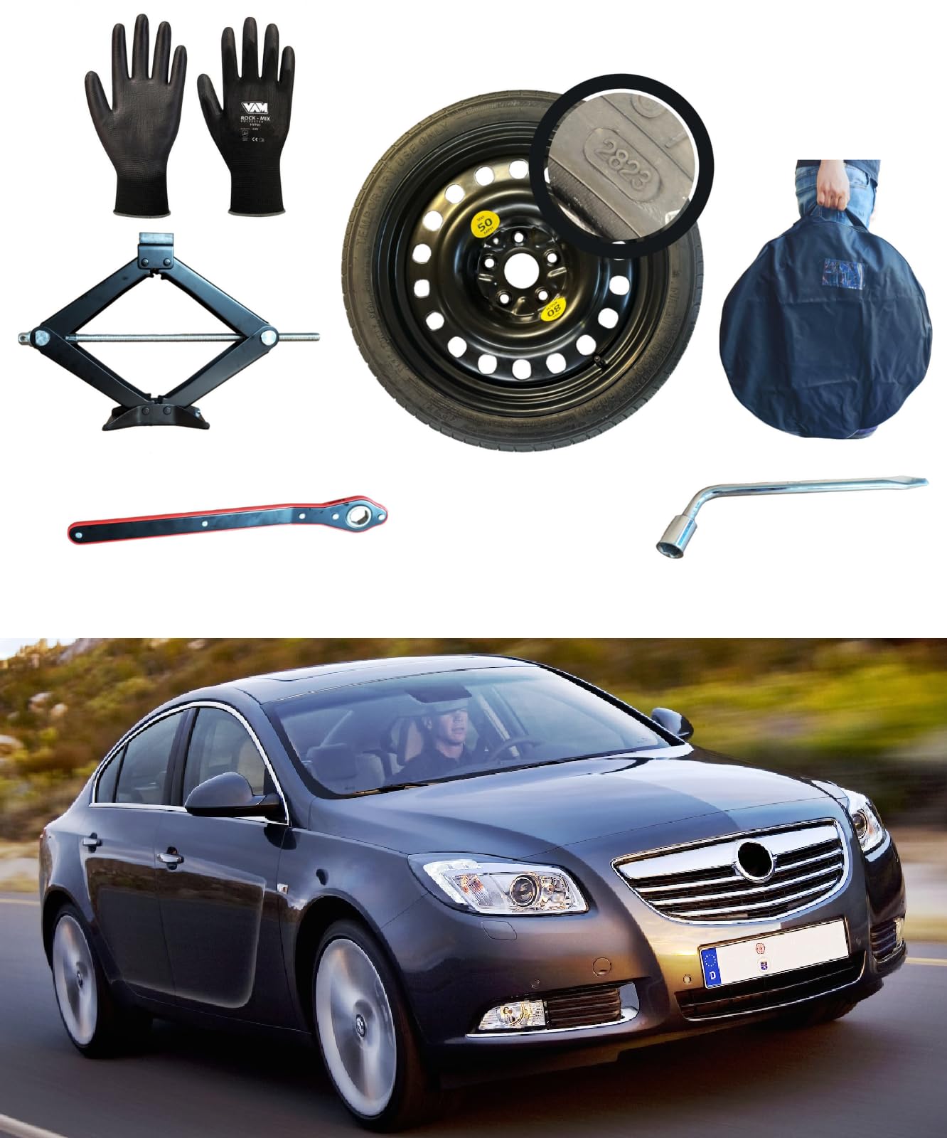Kit de rueda de repuesto de 18 pulgadas compatible con Opel Insignia 2008-2016 con gato, llaves, guantes y bolsa