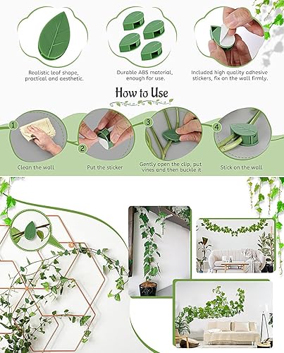 Miniatura 4 de 40 clips de pared para plantas trepadoras, con 48 calcomanías adhesivas de fijación para decoración de jardín en interiores y exteriores (hoja verde)