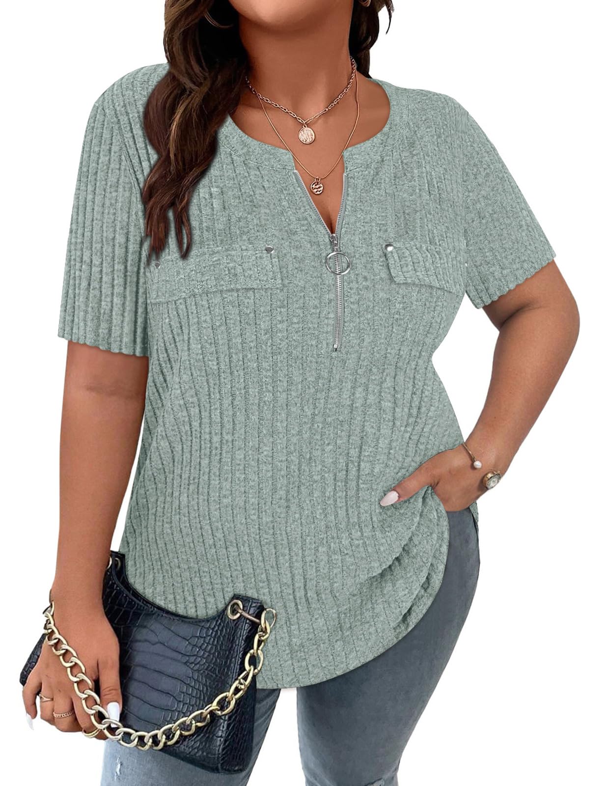 Viracy Plus Size Womens Tops 1/4 Zip Up Casual Shirts Lightweight Short Sleeve Tunics