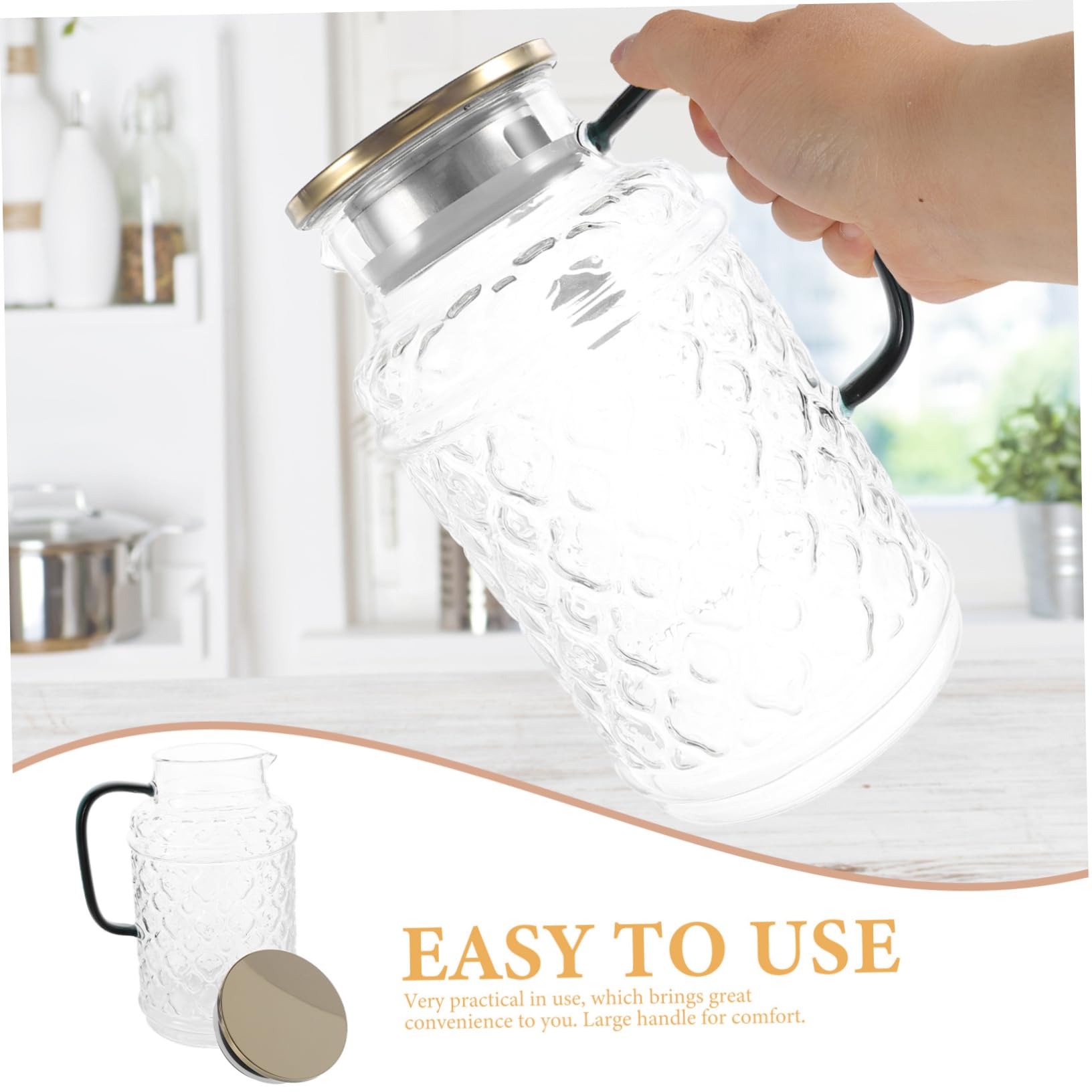 Jarra de Vidrio Grande 1.7l con Tapa y Asa, Contenedor de Agua Hecho de Vidrio Grueso, Diseño Antigoteo, para Uso Doméstico y Sala de Estar, Jarra de Bebida Práctica Cocina,