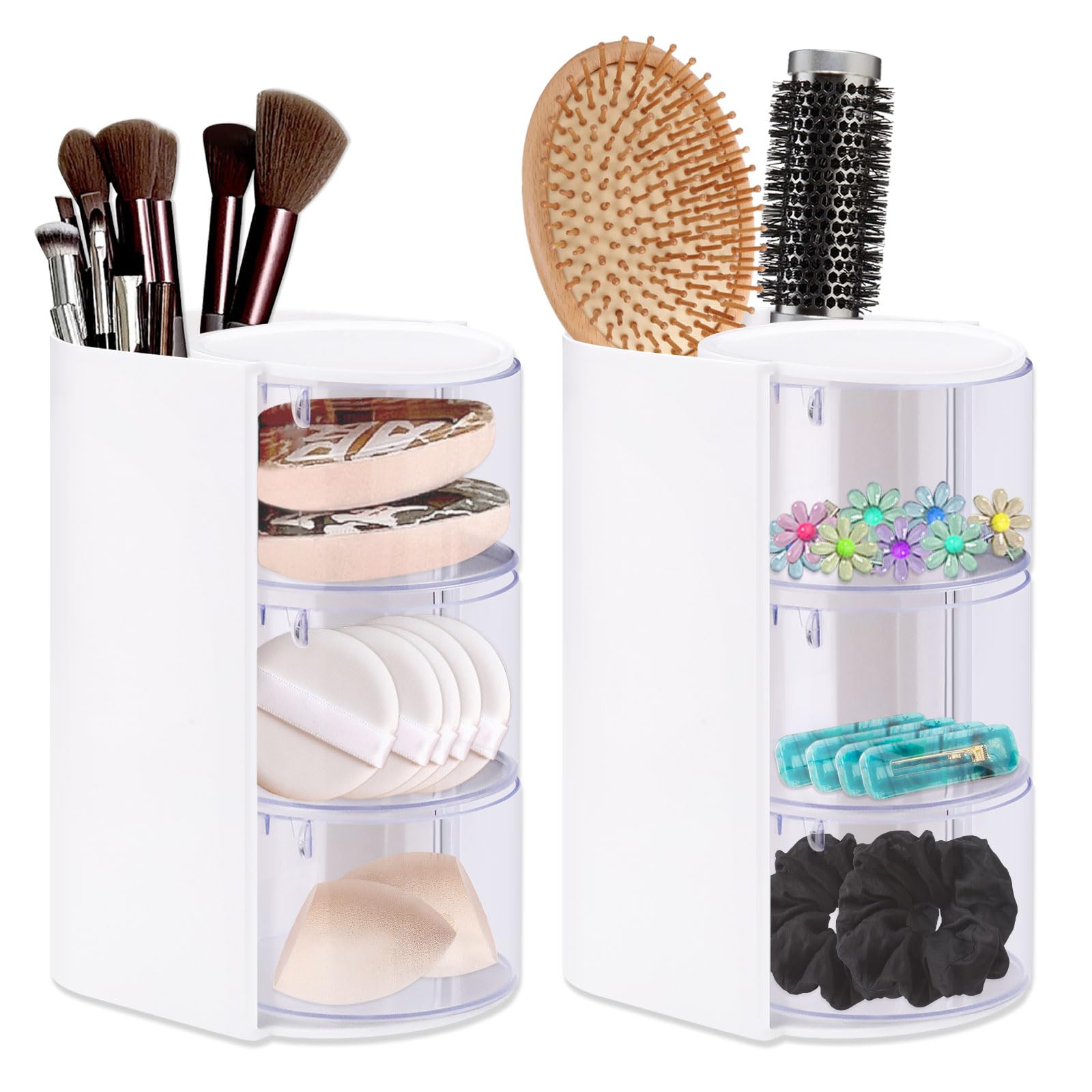 Modixun 2 Pack Hair Accessories Organizer with Hair Brush Holder, 3-Tier Clear Rotatable Drawer Makeup Sponge Holder