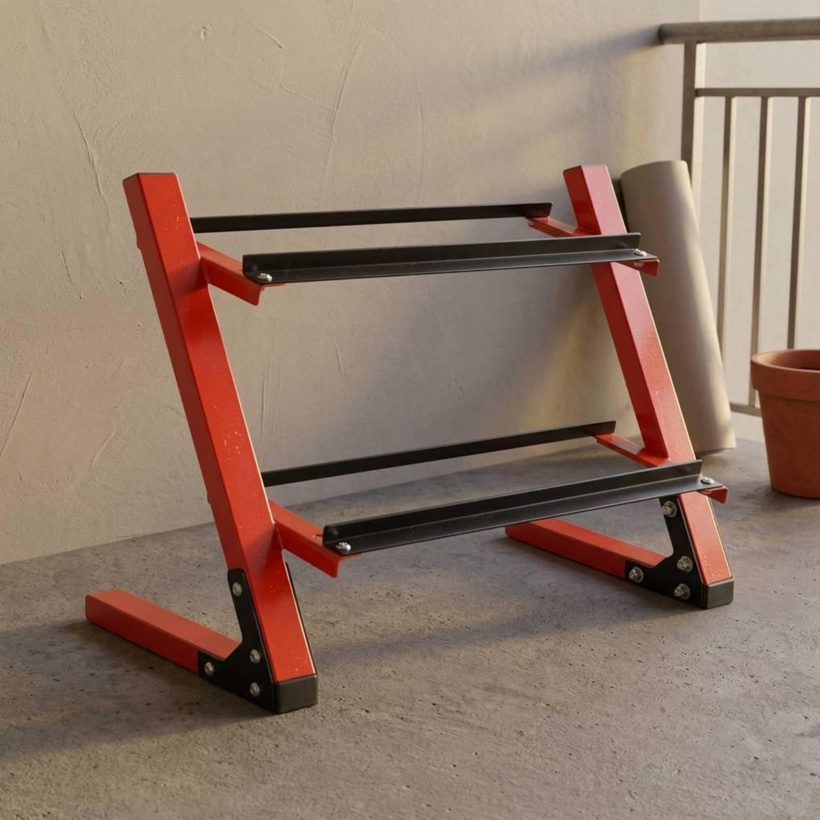 perfeclan Soporte de Pesas Estante Organizador Rack de Mancuernas de Dos Niveles en Acero con Estructura Inclinada para Acceso