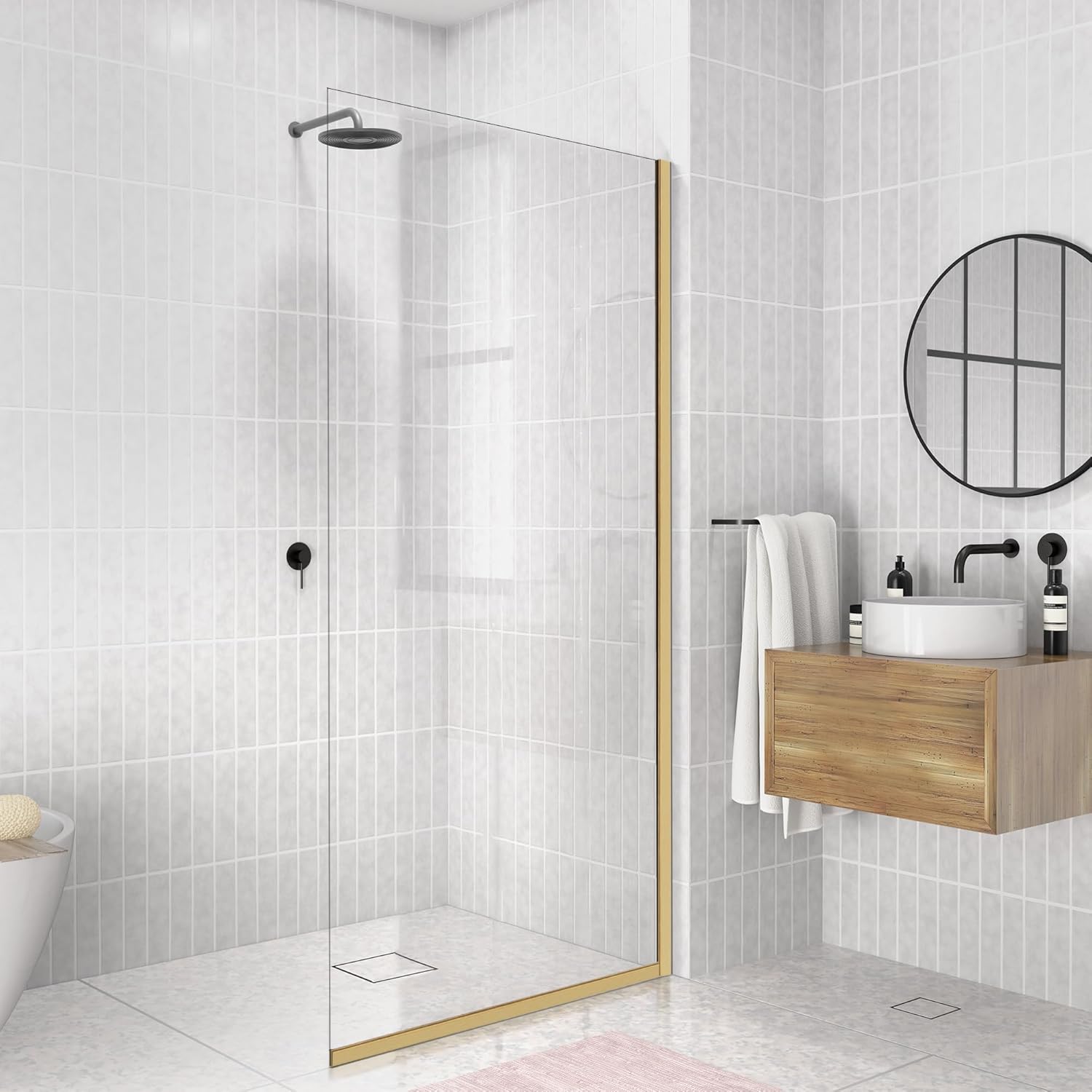 Fixed Shower Door Screen 24"×74" for Bathroom - 5/16"(8mm) Thick Clear Tempered Glass Panel, Semi-Framless Water Resistant Shower Door, Brushed Gold