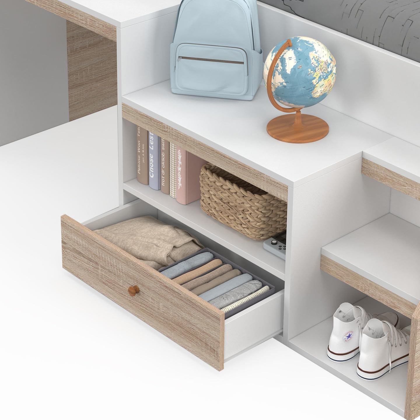 IDMarket - Lit combiné avec sommier, Bureau et Rangement Leopold 90 x 190 cm hêtre et Blanc