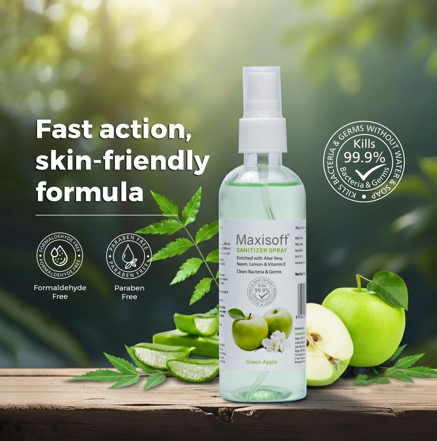 Maxisoft Hand Sanitizer Spray (120 ml)|With Aloe Vera, Lemon, Neem, Vitamin E & Glycerine|Paraben Free|Gentle on skin, tough on germs|(120 ml) (Green Apple, Pack of 4 (120ML X 4)) 1