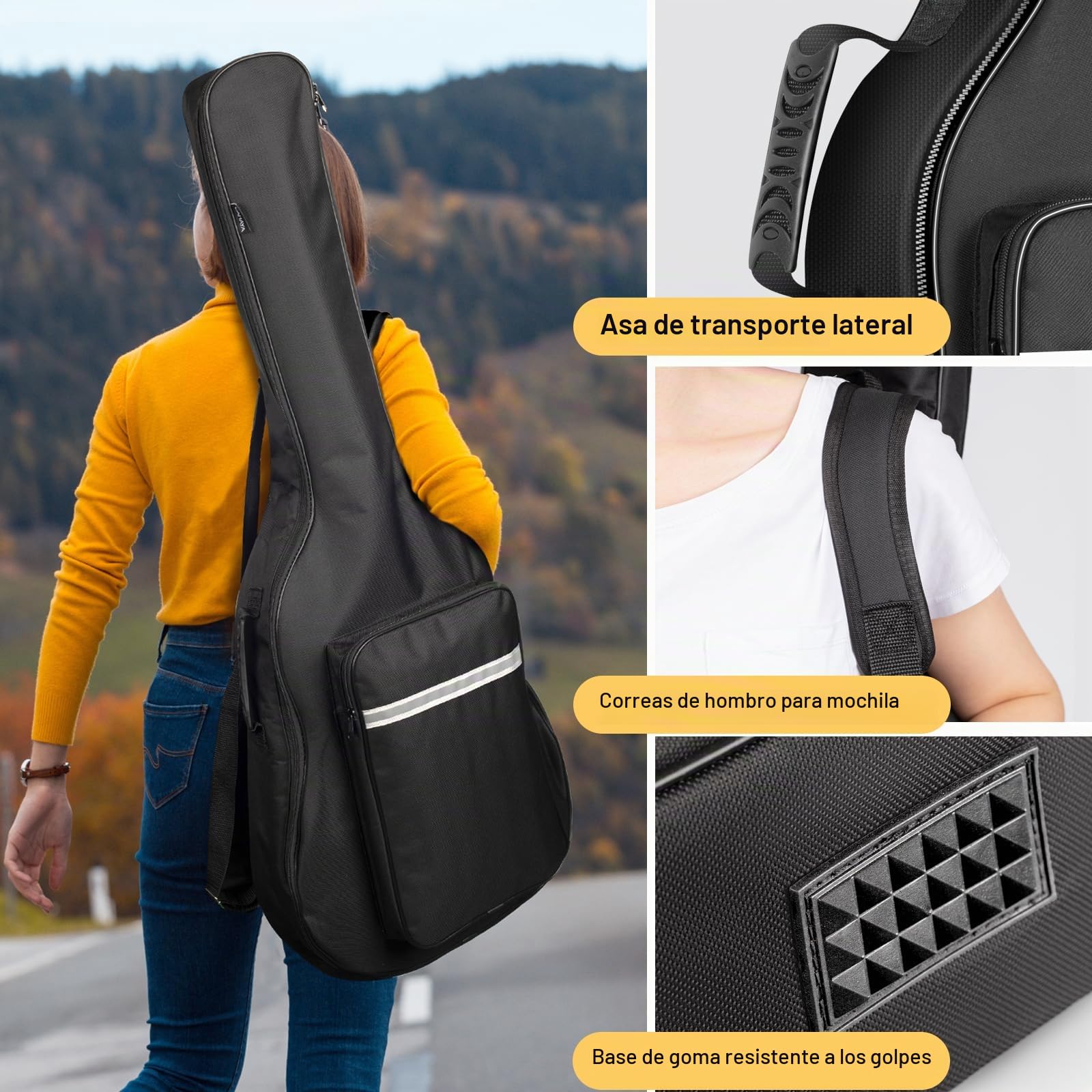 CAHAYA Bolsa de Guitarra Clásica 39 Pulgadas Gig Bag Funda Blanda de 6 mm de Grosor Mochila de Guitarra con Bolsillo Grande Bandas Reflectantes Modelo CY0288
