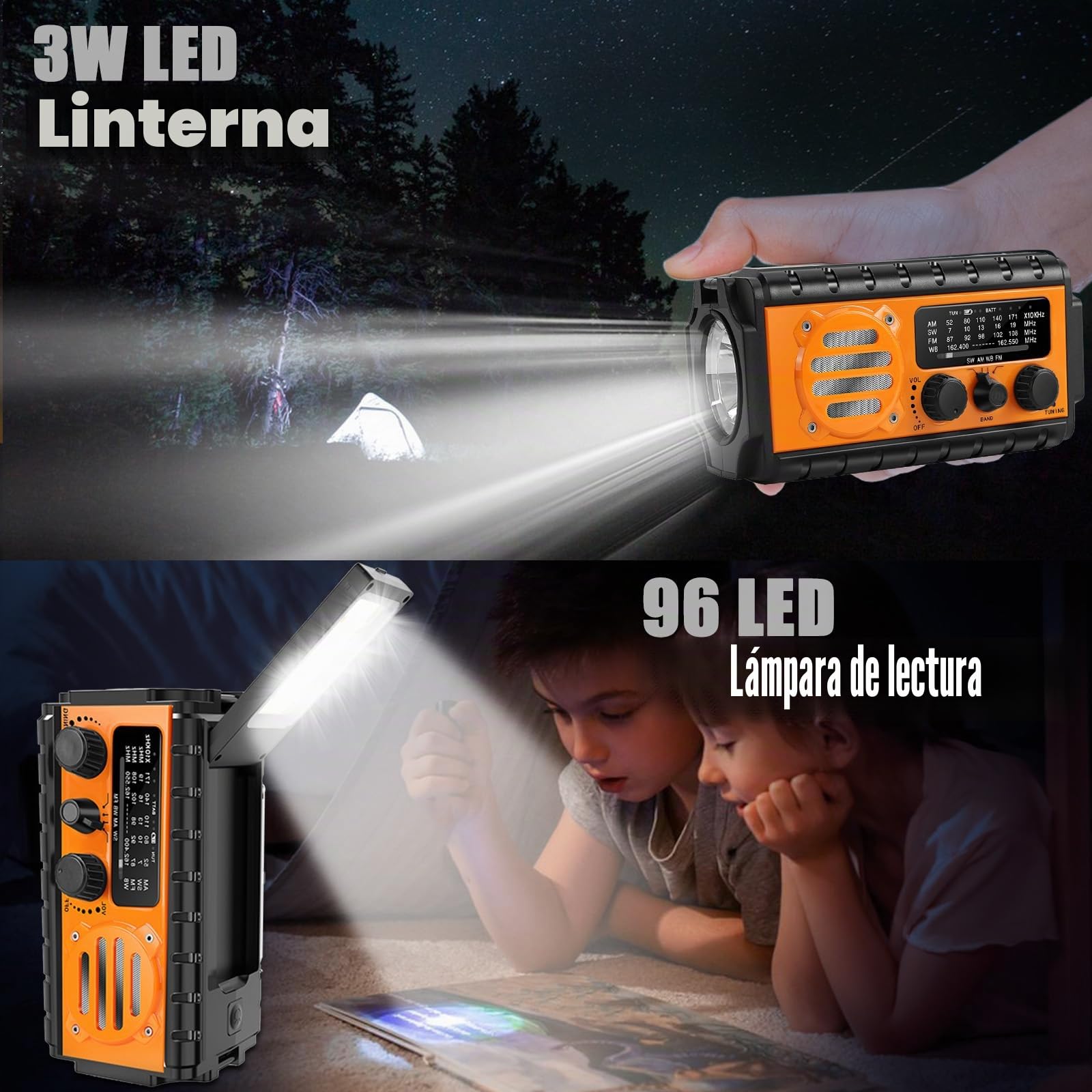 Radio de Emergencia Portátil 20000mAH, TKMARS Radio de Manivela Pequeña Am FM con Solar y Pilas Radios Power Bank con Linterna y Lámpara de Lectura, Alarma SOS, Cargador de Teléfono(Naranja)