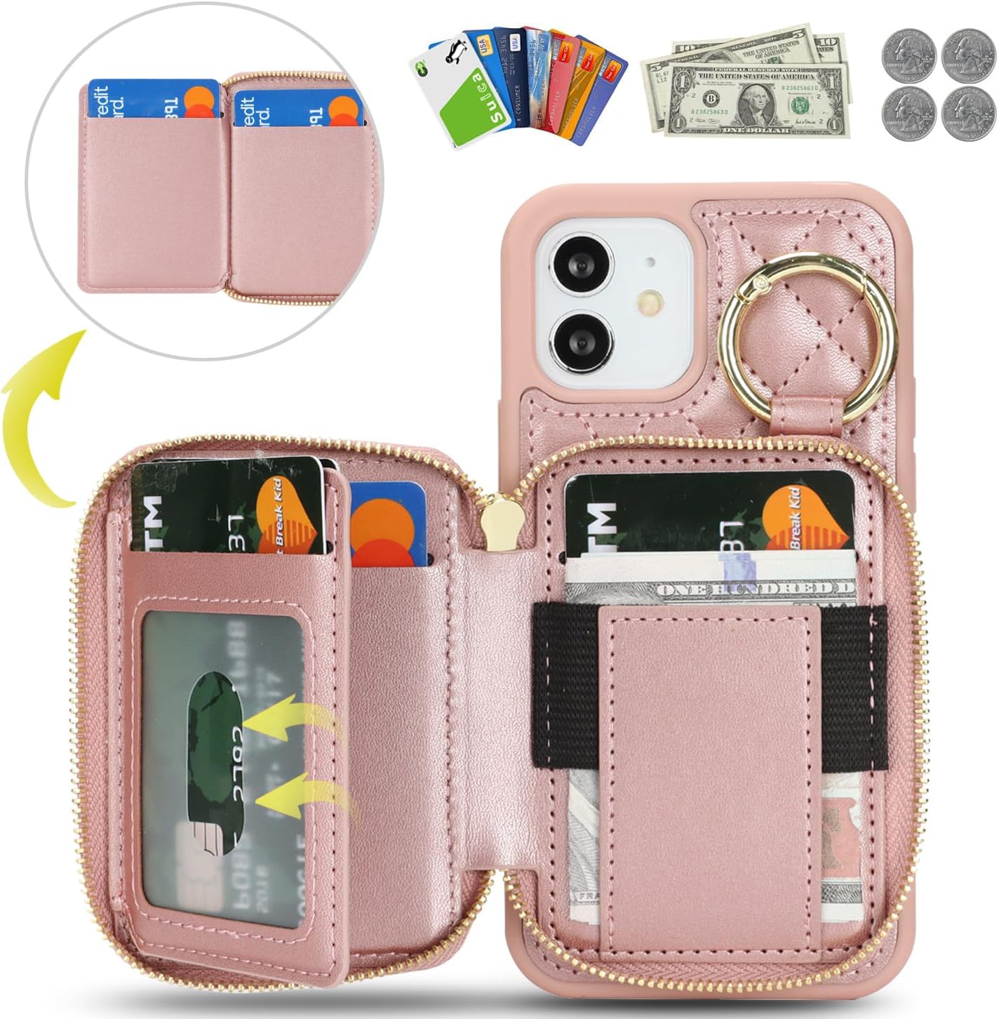 for iPhone 12 Case Wallet with Card Holder,for iPhone 12 pro Phone case Wallet with Zipper with Slot Kickstand Stand Case for Women and Man 5G 6.1 Inch-Rose Gold - Image 4