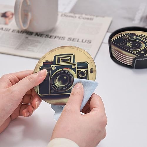 Miniatura 4 de 6 posavasos redondos de cuero con soporte retro para cámara, para bebidas, taza de café, resistente al calor, para protección de mesa, accesorios de