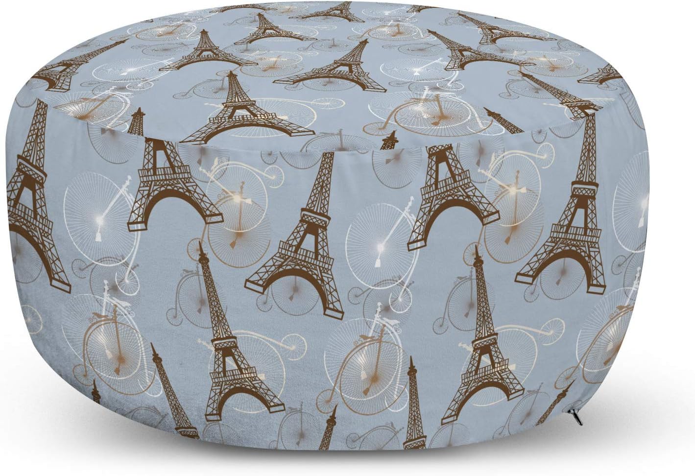 Ambesonne Eiffel Ottoman Pouf, Retro Style Abstract Composition with Bicycles and Paris City Landmark, Decorative Soft Foot Rest with Removable Cover Living Room and Bedroom, Blue Brown