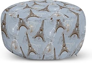 Ambesonne Eiffel Ottoman Pouf, Retro Style Abstract Composition with Bicycles and Paris City Landmark, Decorative Soft Foot Rest with Removable Cover Living Room and Bedroom, Blue Brown