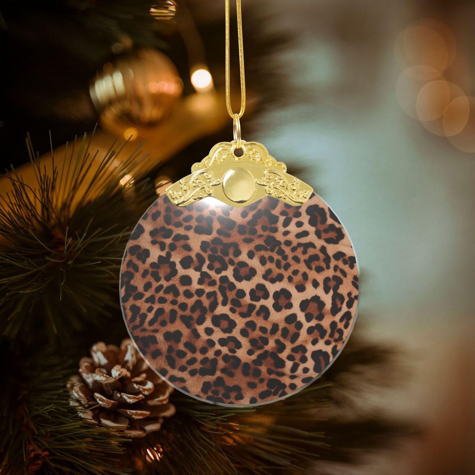 Crystal Christmas Ornaments for Christmas Tree Decoration Hanging Leopard Print Ornament with Gold Ribbon Crafts Round Pendant for Keepsake Gifts Glass Xmas Decor Party Supplies