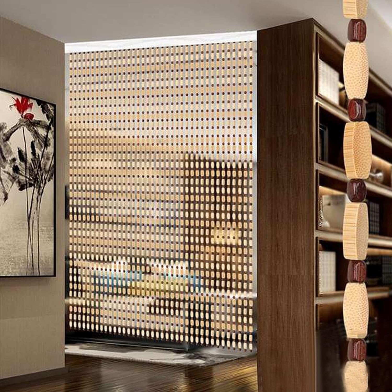 Rideau de porte en perles de bois 60 rangs 120x150cm pour séparation d'entrée