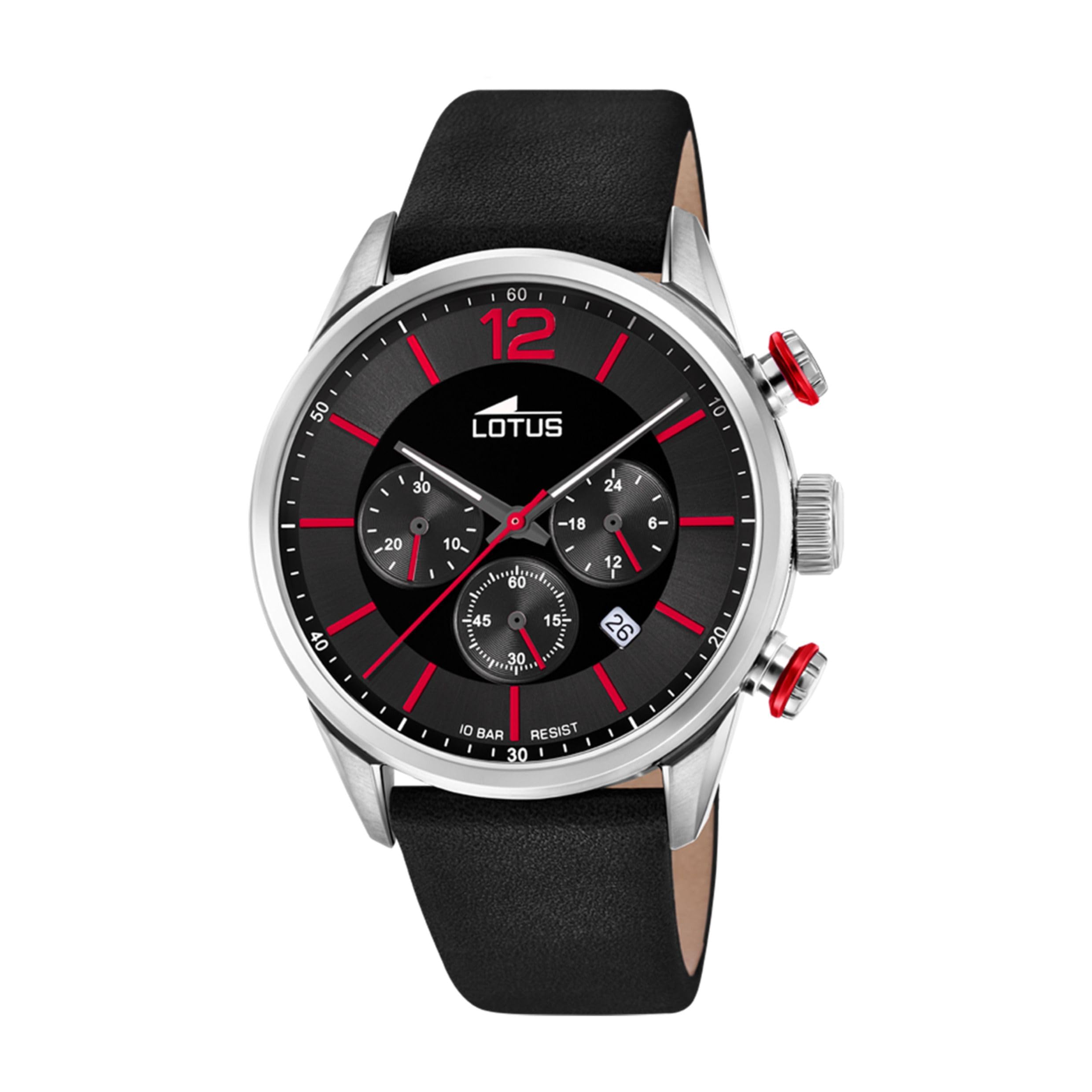 Lotus 18689/6 Men's Stainless Steel and Leather Watch in Silver/Black/Red 43 mm Water Resistance 10 Bar, Silver/Black/Red