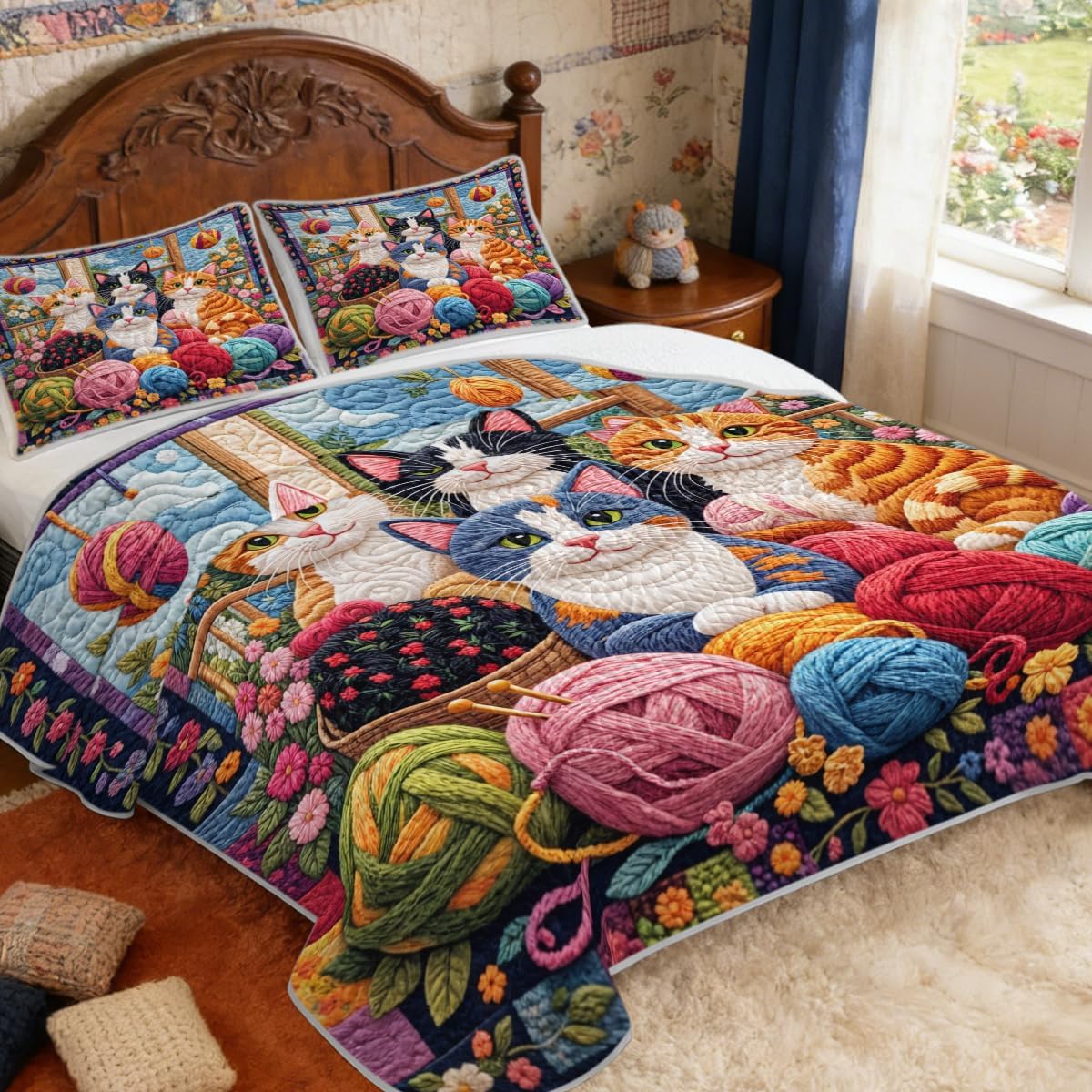 2 Pieces Quilt Set Twin Size Microfiber Cat Bedding Set Cute Cat Lover Quilt Cozy Knitting Yarn Bedspread Cottagecore Bedding for Bedroom