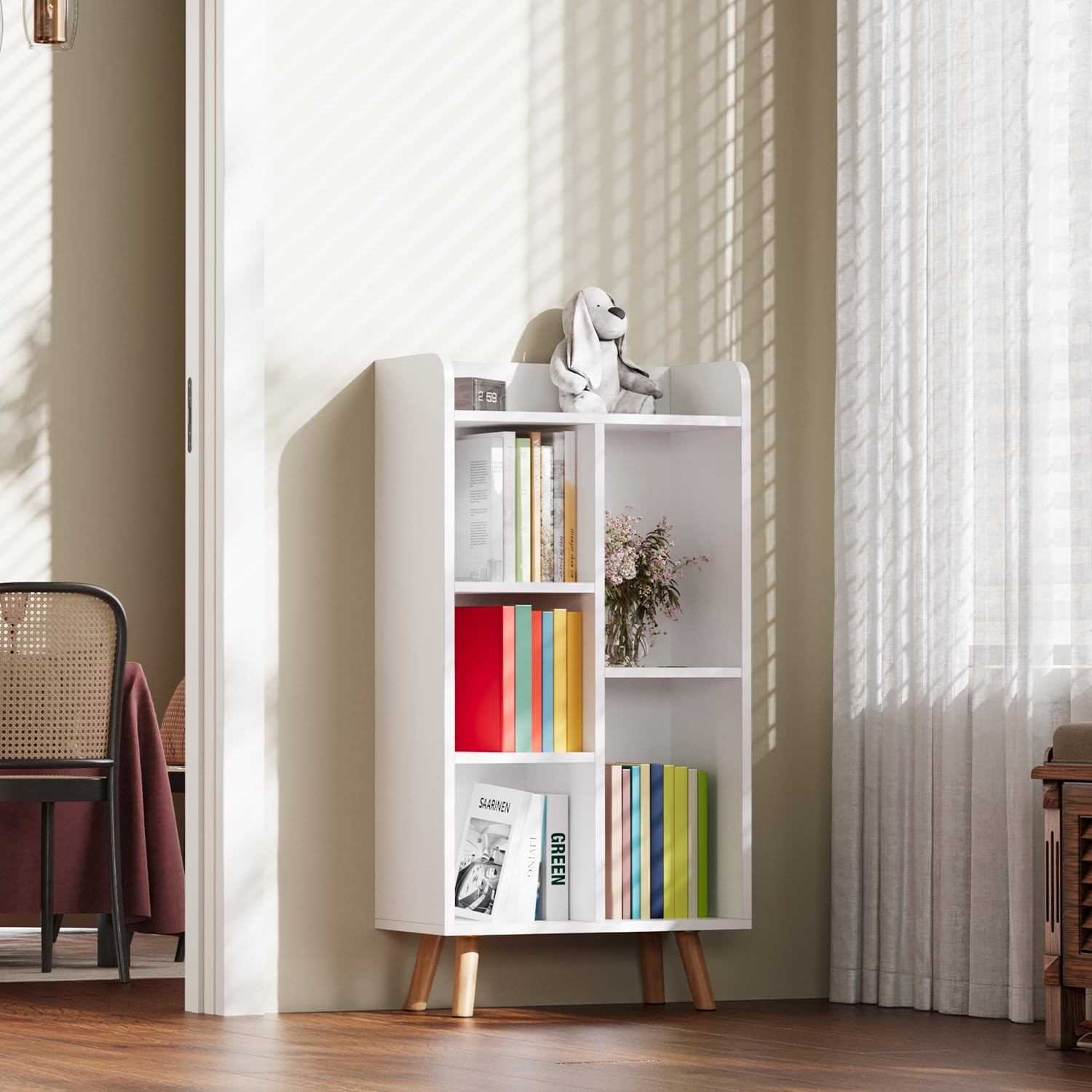 Aoxun5-Cube Storage Bookcase with Legs,White Organizer Shelf, Modern Display Rack for Living Room, Bedroom, Office