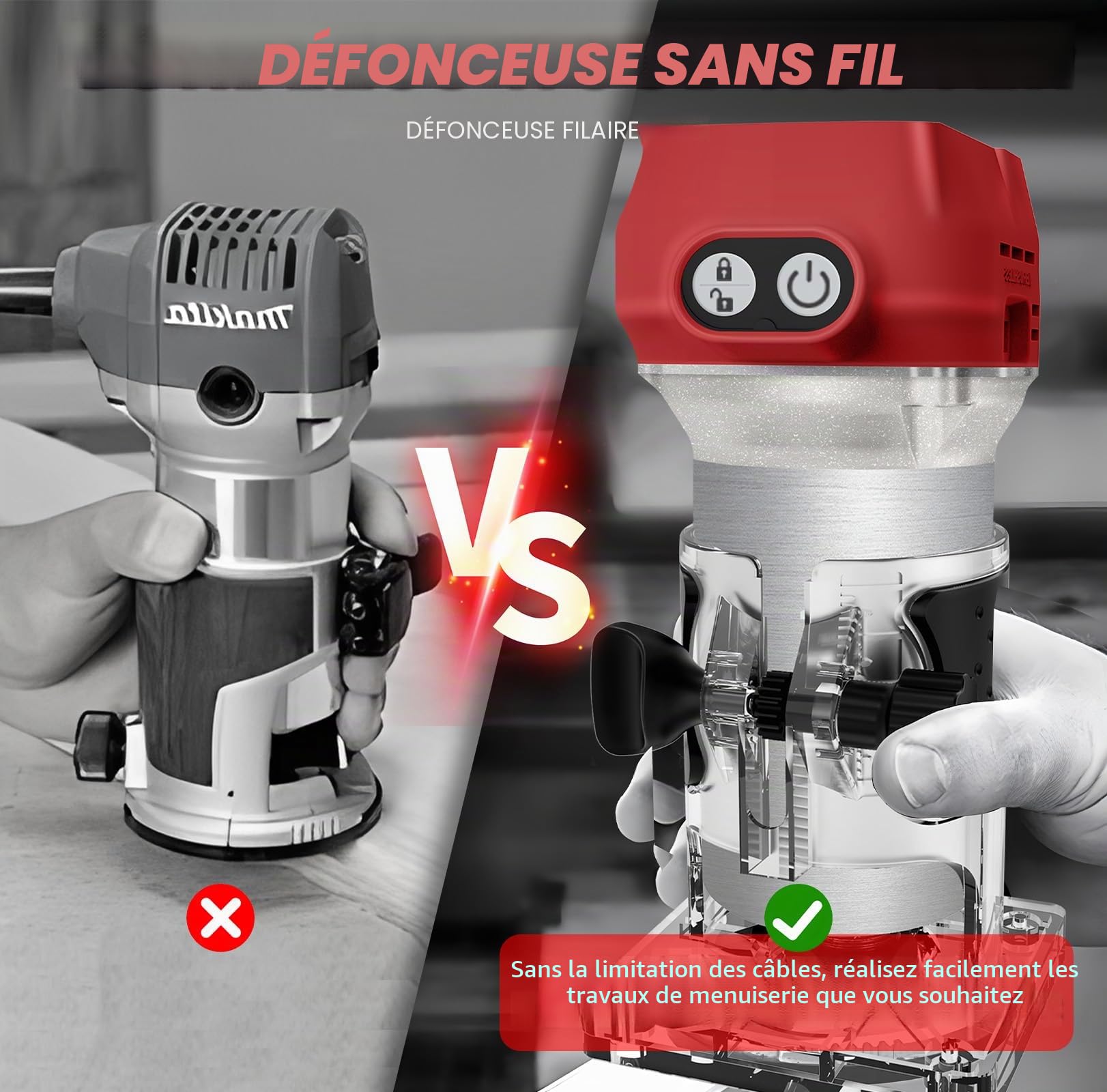 WingFly Affleureuse Défonceuse, Affleureuse Sans Fil pour Milwaukee M18 18V, Brushless Affleureuse Paume Compacte Pour Travail du Bois, avec 15 Fraises à Défoncer