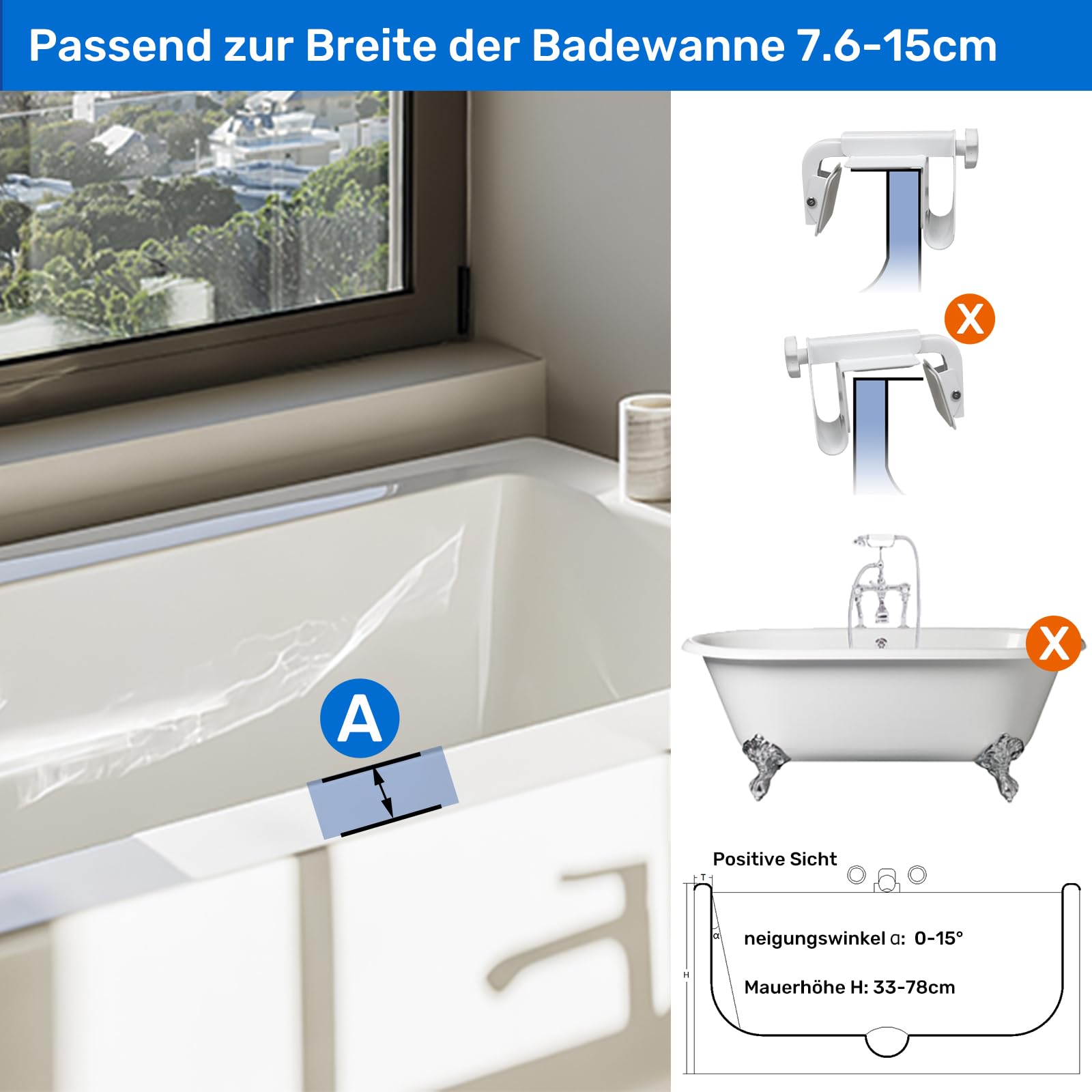 Reposapiés para baño con asa, ayuda de entrada para personas mayores, con reposabrazos, capacidad de carga 250 kg, color blanco