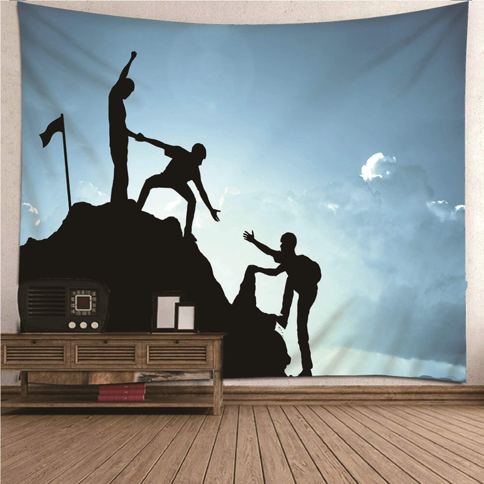 Tapiz de pared con impresión 3D KnSam de poliéster azul lavable y diseño de montañismo
