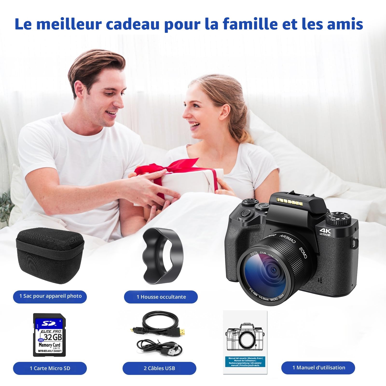 Appareil Photo numérique 4K, CCN 64MP Appareil Photo avec écran Tactile 3.0", Zoom numérique 16X, Fonction WiFi, avec Sacoche, Capuchon, Carte TF 32GB, Objectif Unique, Noir