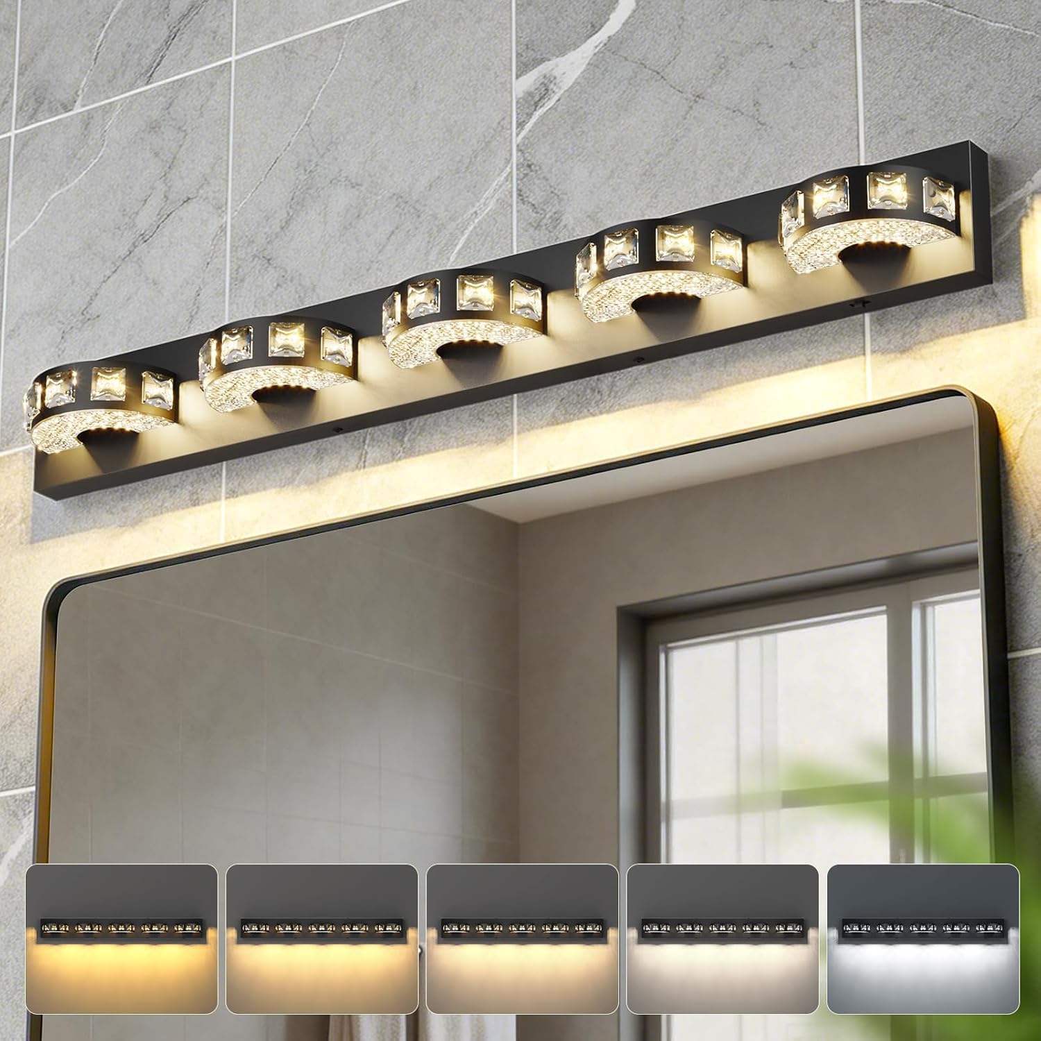 Modern Bathroom Vanity Lights 36.6 inch 5 Color Temperature Black Light Fixtures for Bathroom Above Mirror(5-Light,Dimmable)crystal Bathroom Light Fixtures for Mirror,Living Room,Kitchen,Hallway