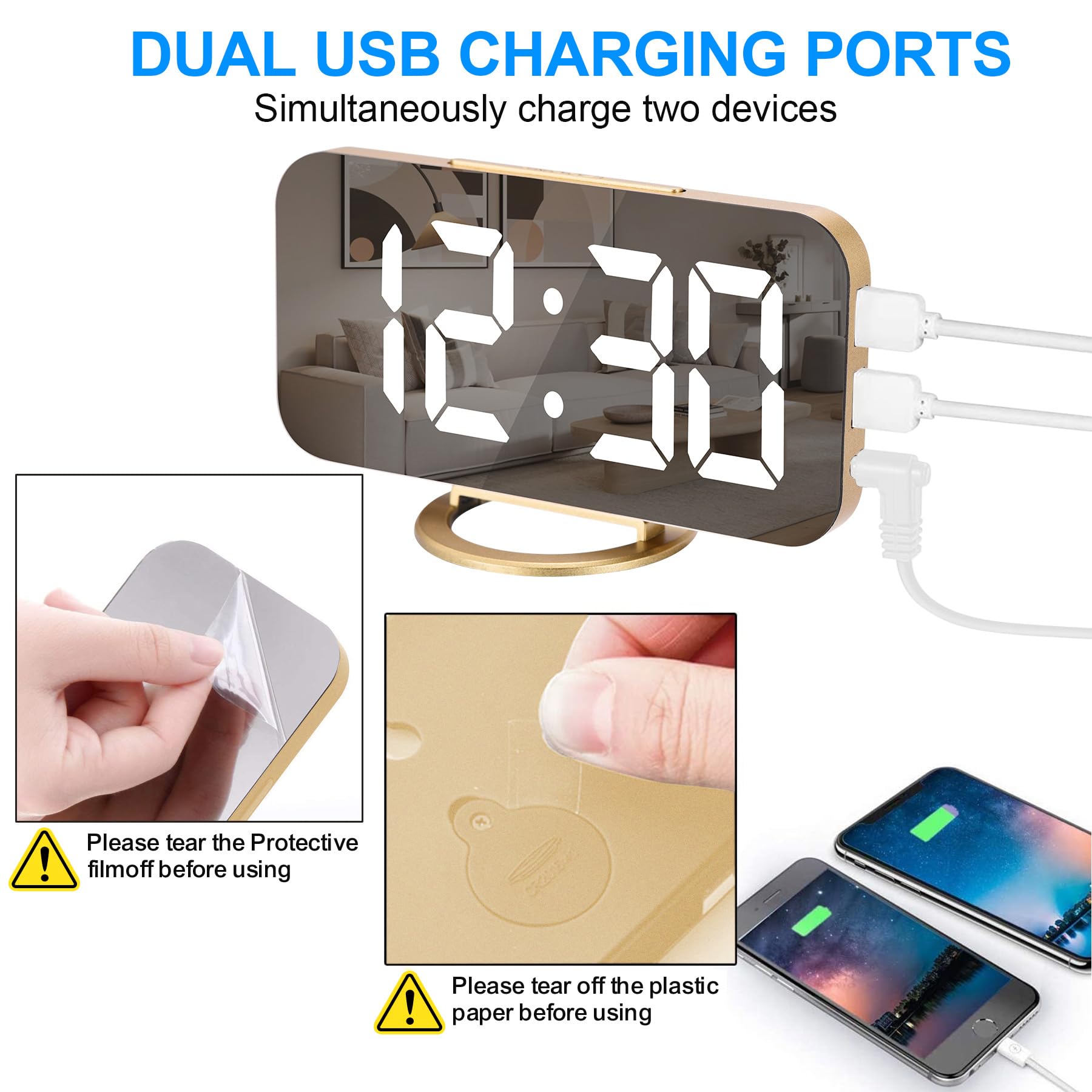 U-picks Sveglia a specchio, Sveglia digitale Ampio display a LED da 6,5 "con modalità di rilevamento della luce, luminosità regolabile, 2 porte di ricarica USB Grande pulsante SNOOZE (oro)