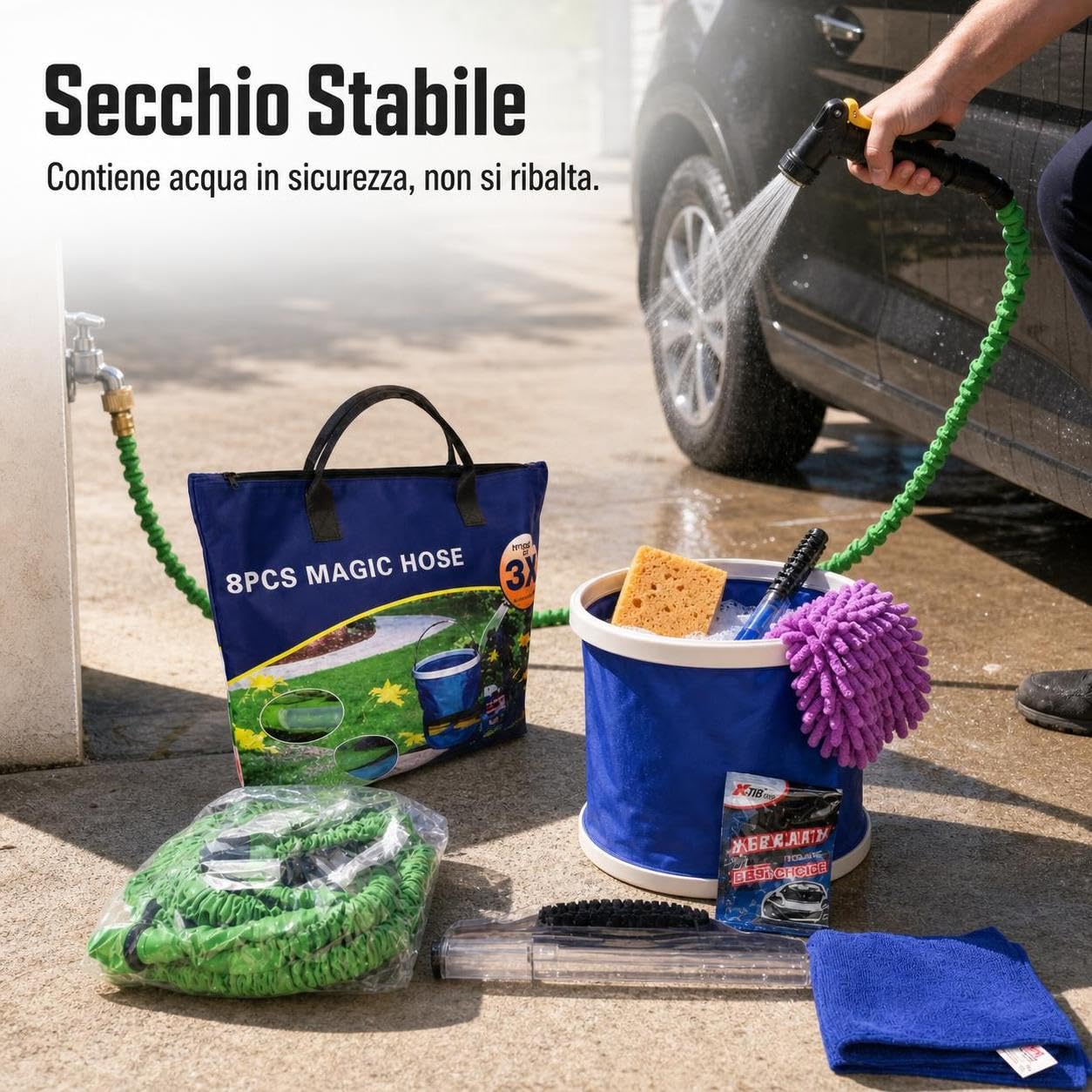 Kit di pulizia veicoli completo 8 pezzi con tubo espandibile e secchio pieghevole per lavaggio auto, per detailing - per camion