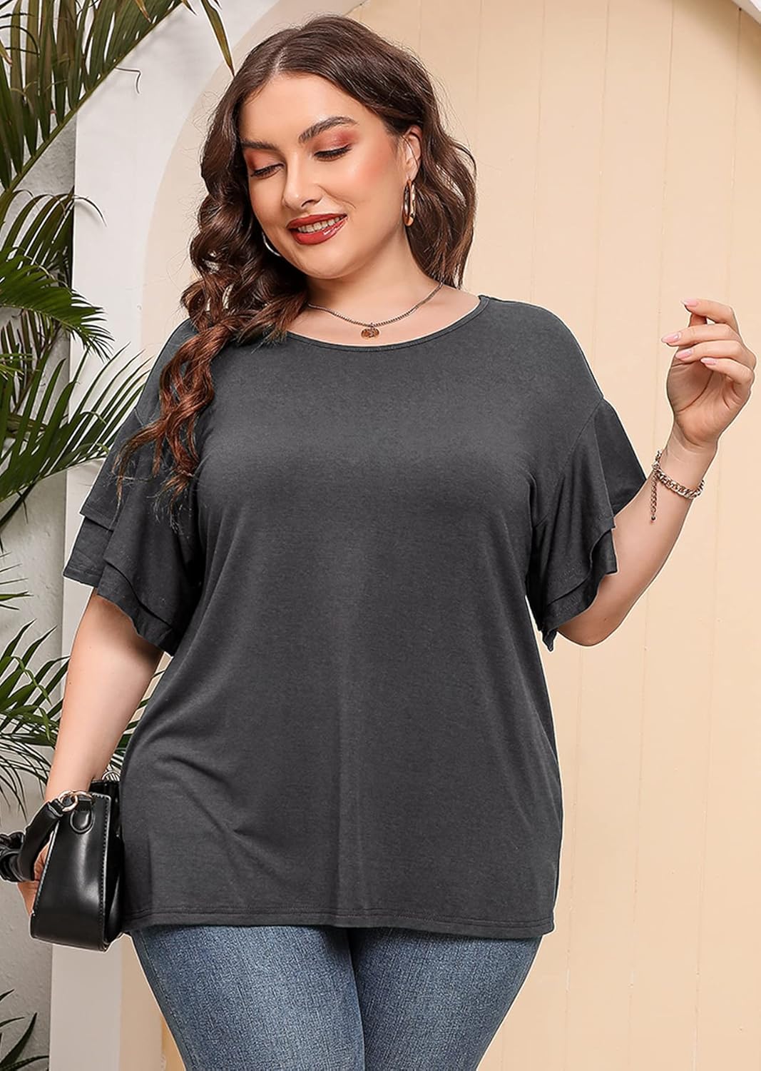 AusLook Plus Size Tunic for Women Double Ruffle Short Sleeve Clothes Loose Fit Clothing Flowy Shirts Summer Tops - Image 3