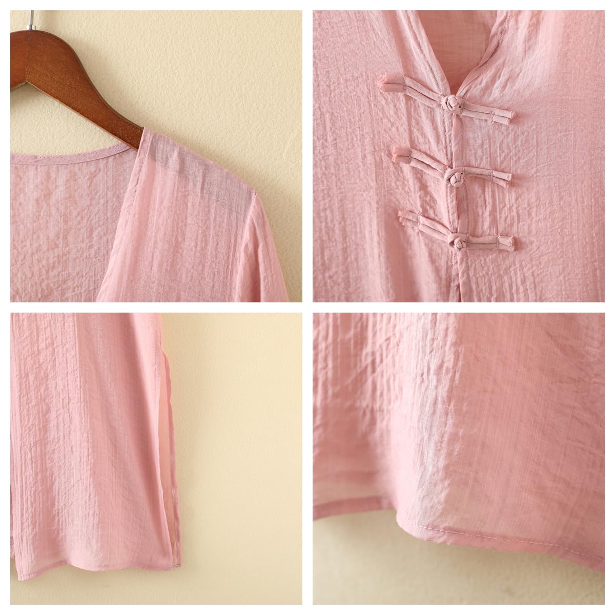 Damen Bolero Festlich Strickjacke Langer Baumwoll Cardigan Für Damen 3/4 Ärmel Kimono Überzug Vorne Offen Chinesischer Knotenknopf Leichte Mäntel Retro Hanfu Kostüm Transparente Flie