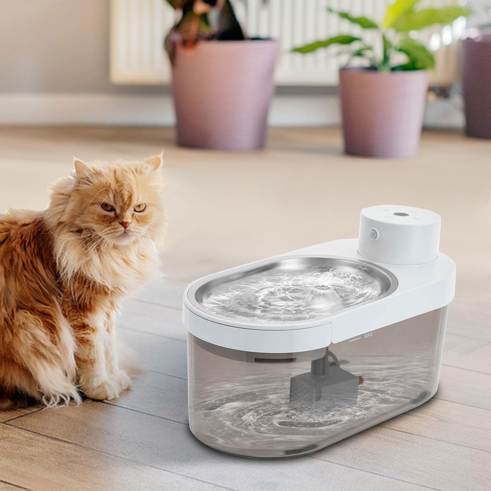 Wireless Smart Cat Water Fountain, 4L/1.06Gal Stainless Steel Pet Dispenser with 3 Modes (Induction/Timing/Continuous) 5000mAh Battery Powered Filter Pump & Anti-Dry Burn for Cats/Dogs