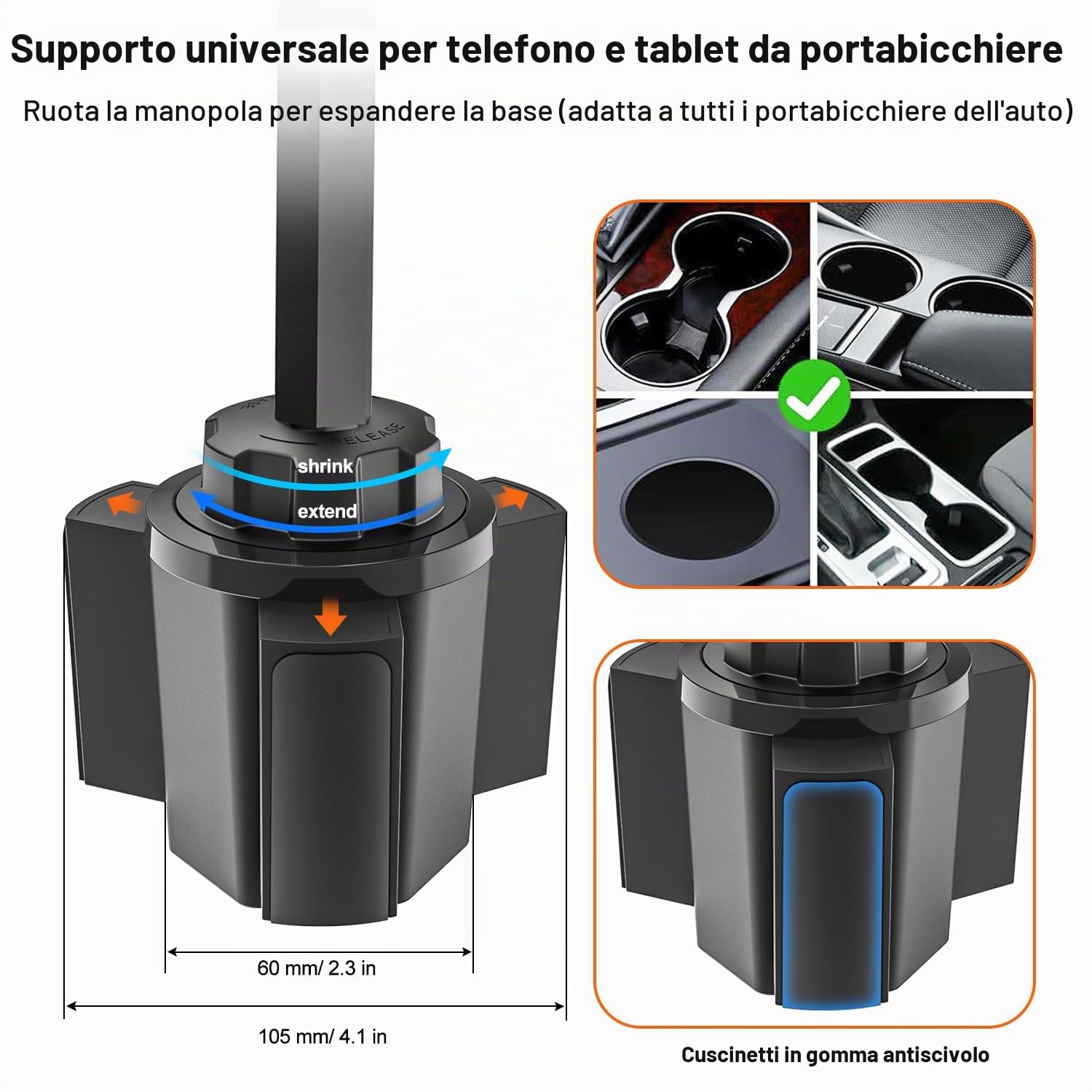 Supporto Tablet Auto Portabicchieri Doppio con Braccio Metallo Regolabile | Porta Tablet Camion Portabicchieri per iPad Mini Air Pro, Galaxy Tab, Surface, Fire, Cellulare, 4-13"