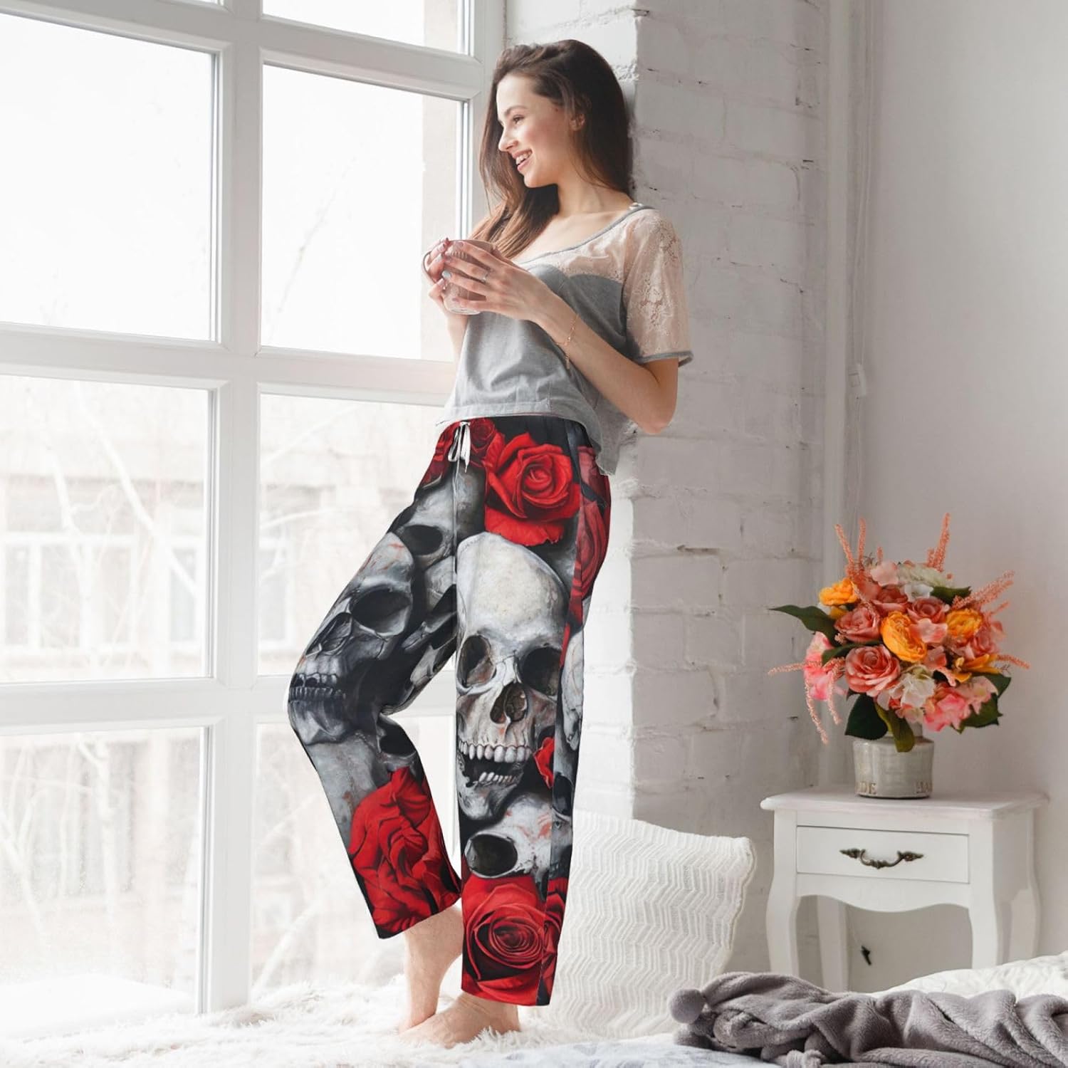 Skull And Red Rose Print Fashion Cozy Womens Flannel Pajama Pants,Perfect For Christmas And Everyday Wear