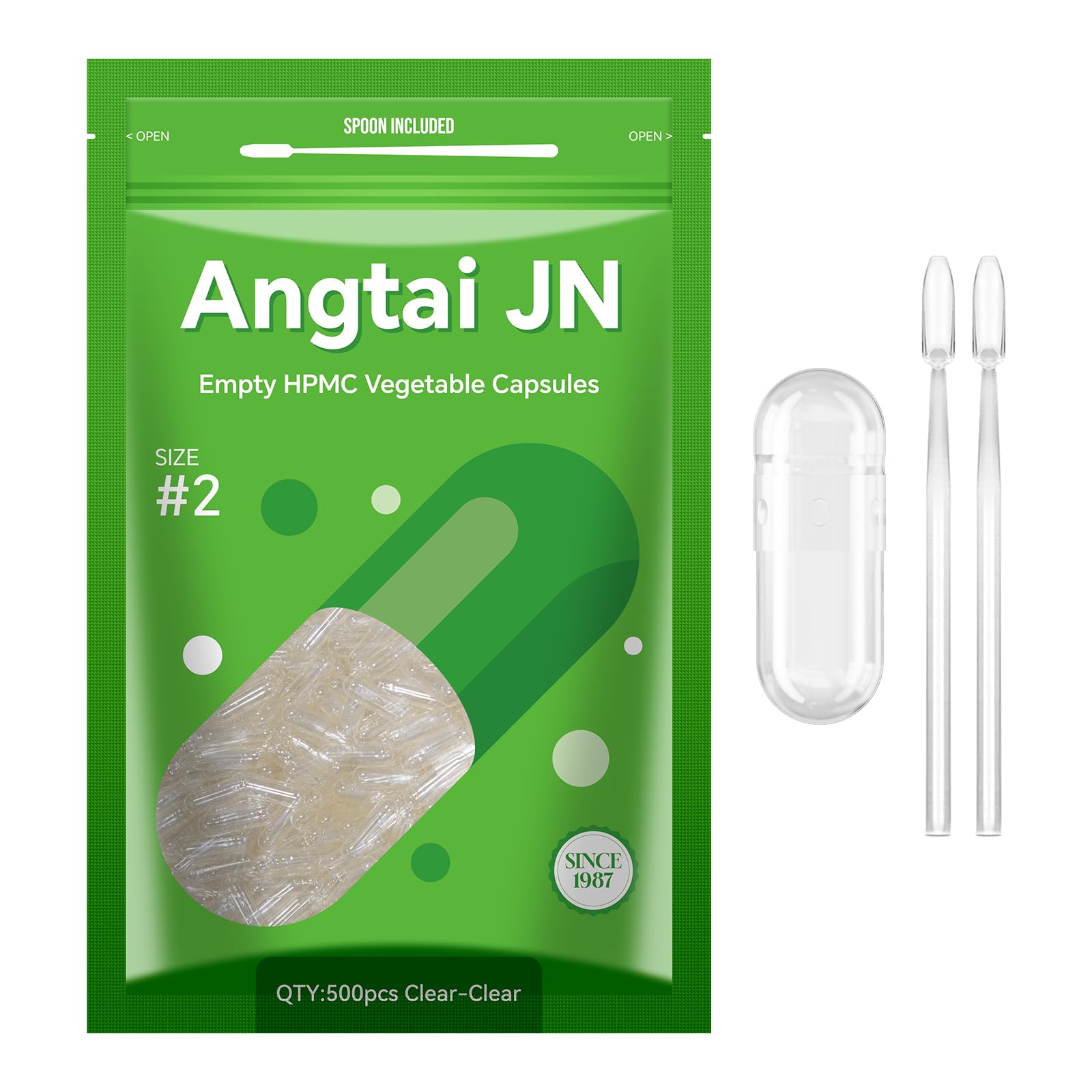 Empty Capsules, AngtaiJN 500 Count Clear Vegetarian Capsules, Size 2 DIY Pill Capsules Filling Empty Caps with Micro Lab Spoon, Kosher, ISO9001, Gluten Free, Halal Certified, Non-GMO Certified