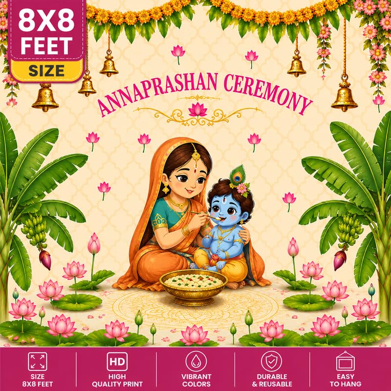 8x8ft Krishna Theme Annaprashan Ceremony Backdrop Banner for Decoration | Baby Rice Feeding Ceremony Background Cloth | Hindu Traditional Function Photo Booth Backdrop for Newborn, Home & Events-picture-16