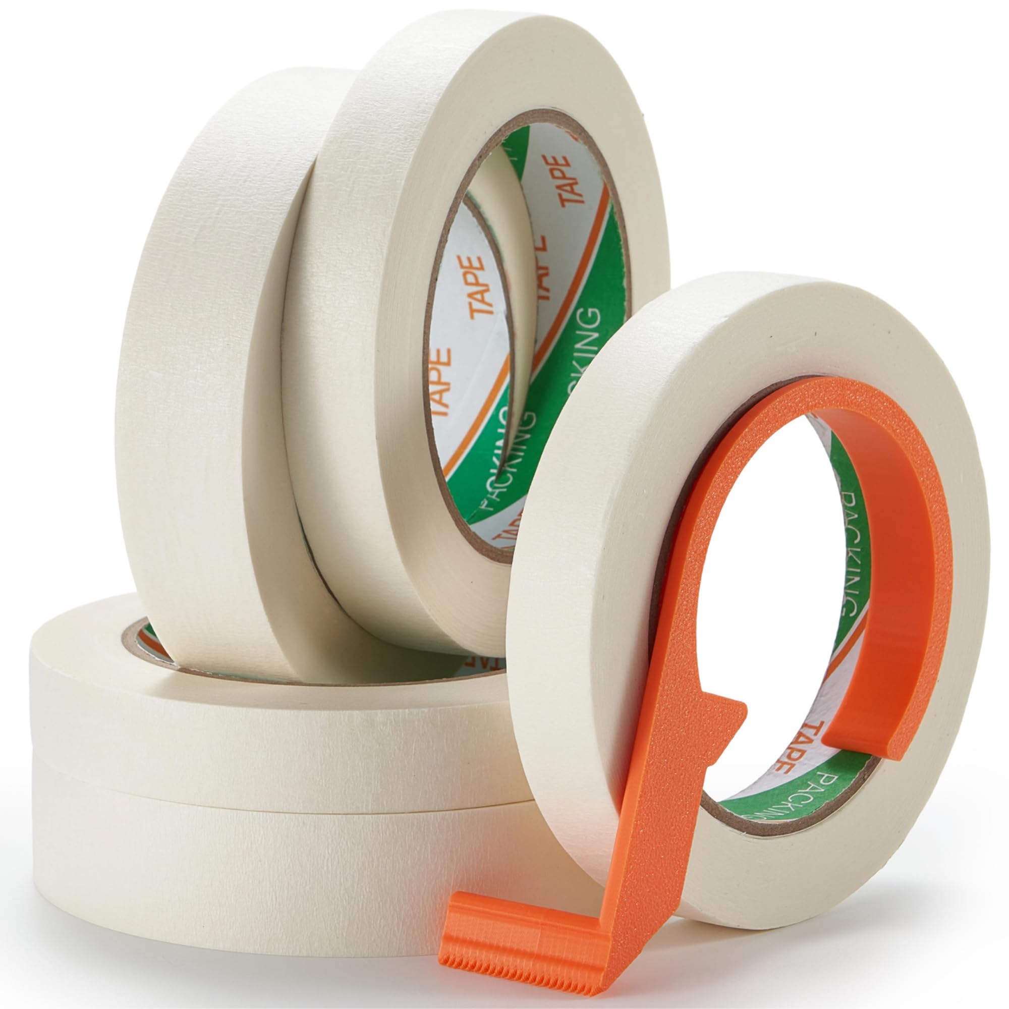 QITIUNLXY 5 Rolls Masking Tape Multi-Size Set with Safe PLA Cutter - (3) 18mm & (2) 25mm x 50m - Surface Safe Removable Labelling Tape for Oil Painting, Home Organisation & Office - White, No Residue