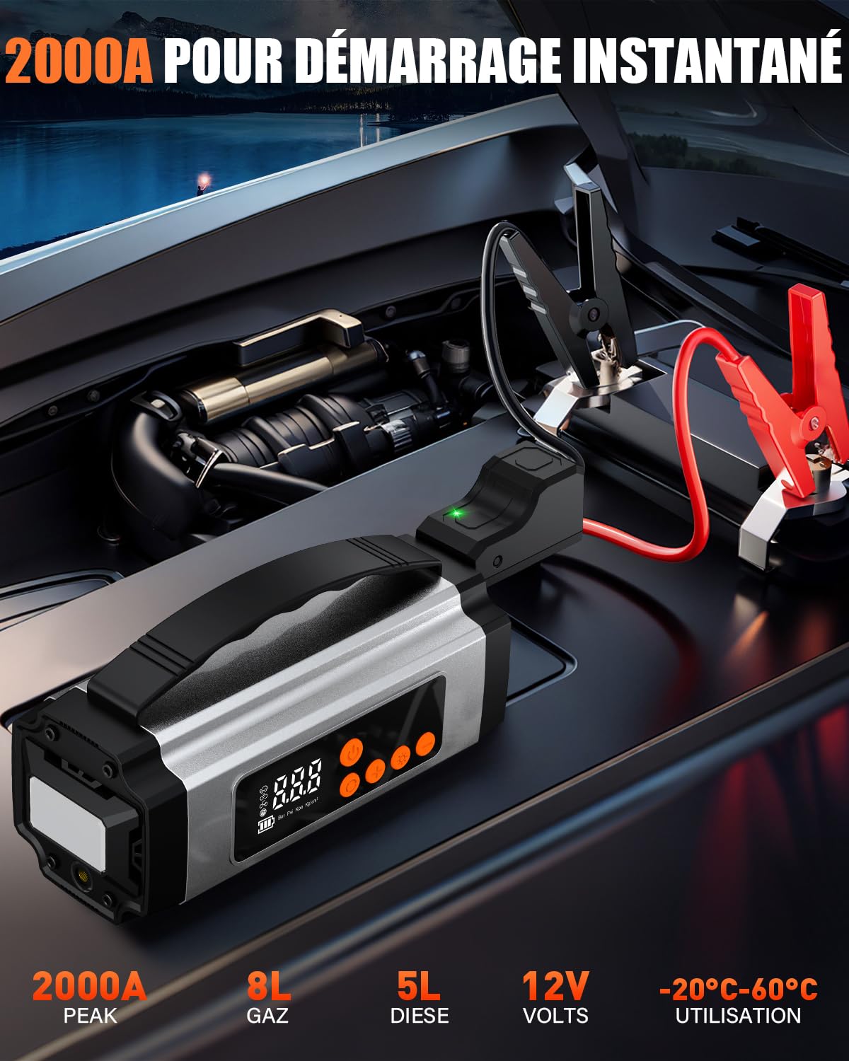 Onherm 7-in-1 Booster Batterie Voiture avec Gonfleur 150PSI, 2000A Demarreur Batterie Voiture pour Jusqu’à 8L Gaz ou 5L Diesel, Booster Moto avec Éclairage LED, Chargeur USB-C et Écran LCD