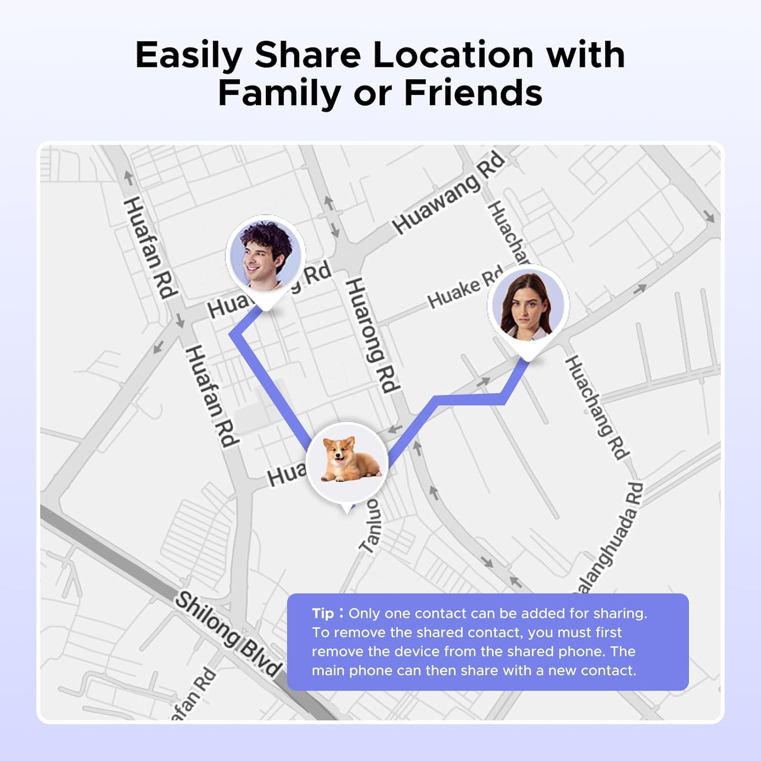 Map showing a shared location path between three people and a dog icon, indicating shared tracking.